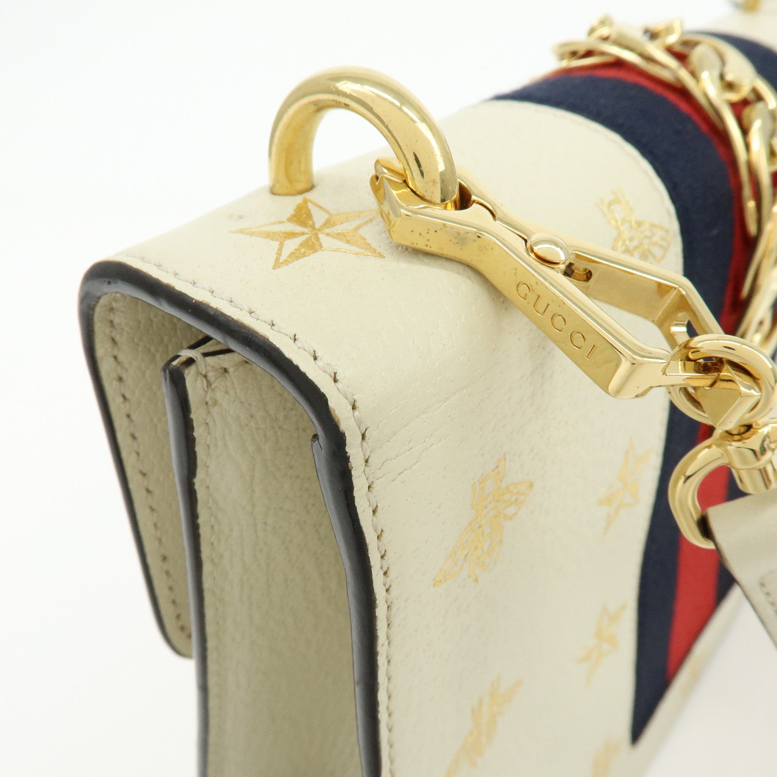GUCCI Sylvie Sherry Calf Leather Shoulder Bag Ivory Bee & Star 524405