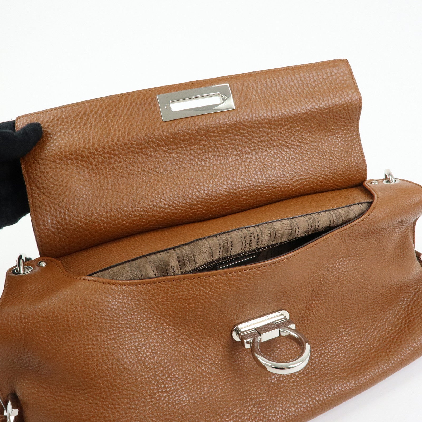 Ferragamo Gancini Leather Shoulder Bag Hand Bag Brown