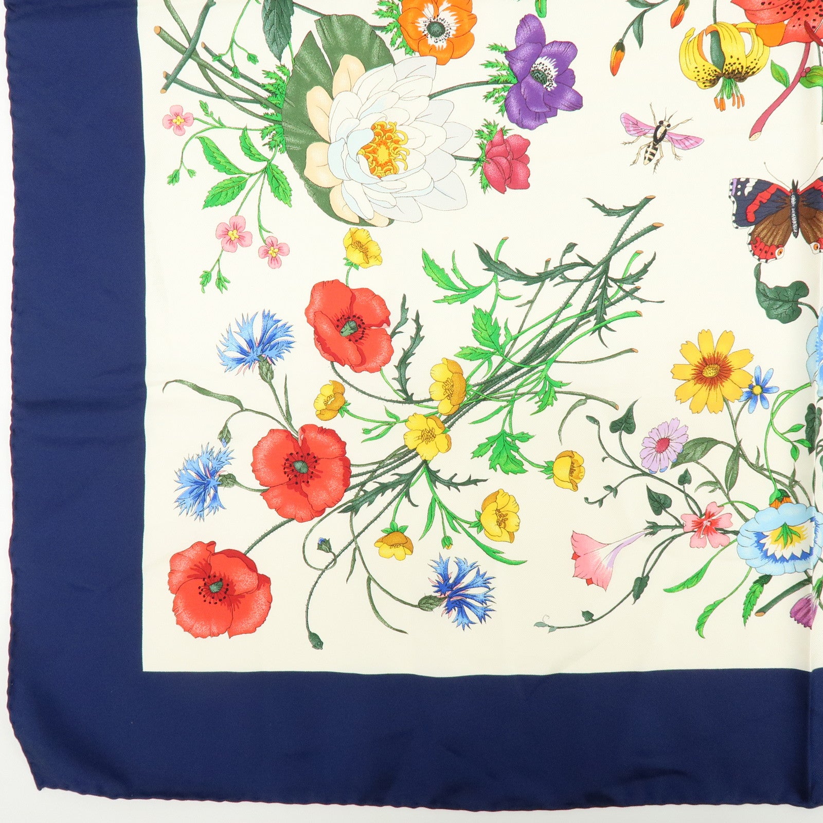 GUCCI Silk 100% Scarf Flower Design White Navy Pink