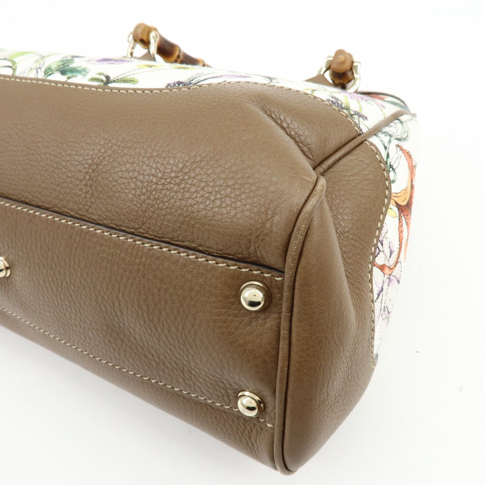 GUCCI Bamboo Canvas Leather 2Way Hand Bag Flower Print Brown 308360