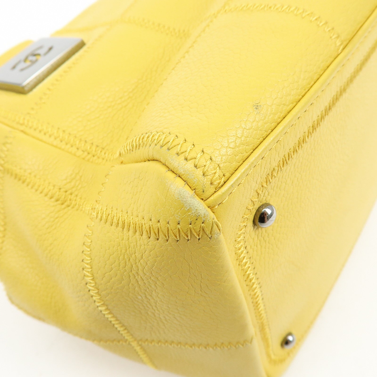 CHANEL Chocolate Bar COCO Mark Caviarskin Boston Bag Yellow A28023