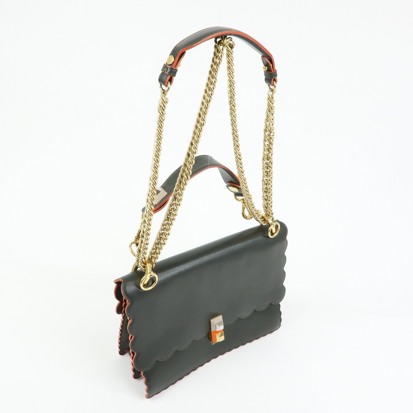 FENDI KAN I Leather 2Way Bag Chain Shoulder Bag Green Orange 8BT283