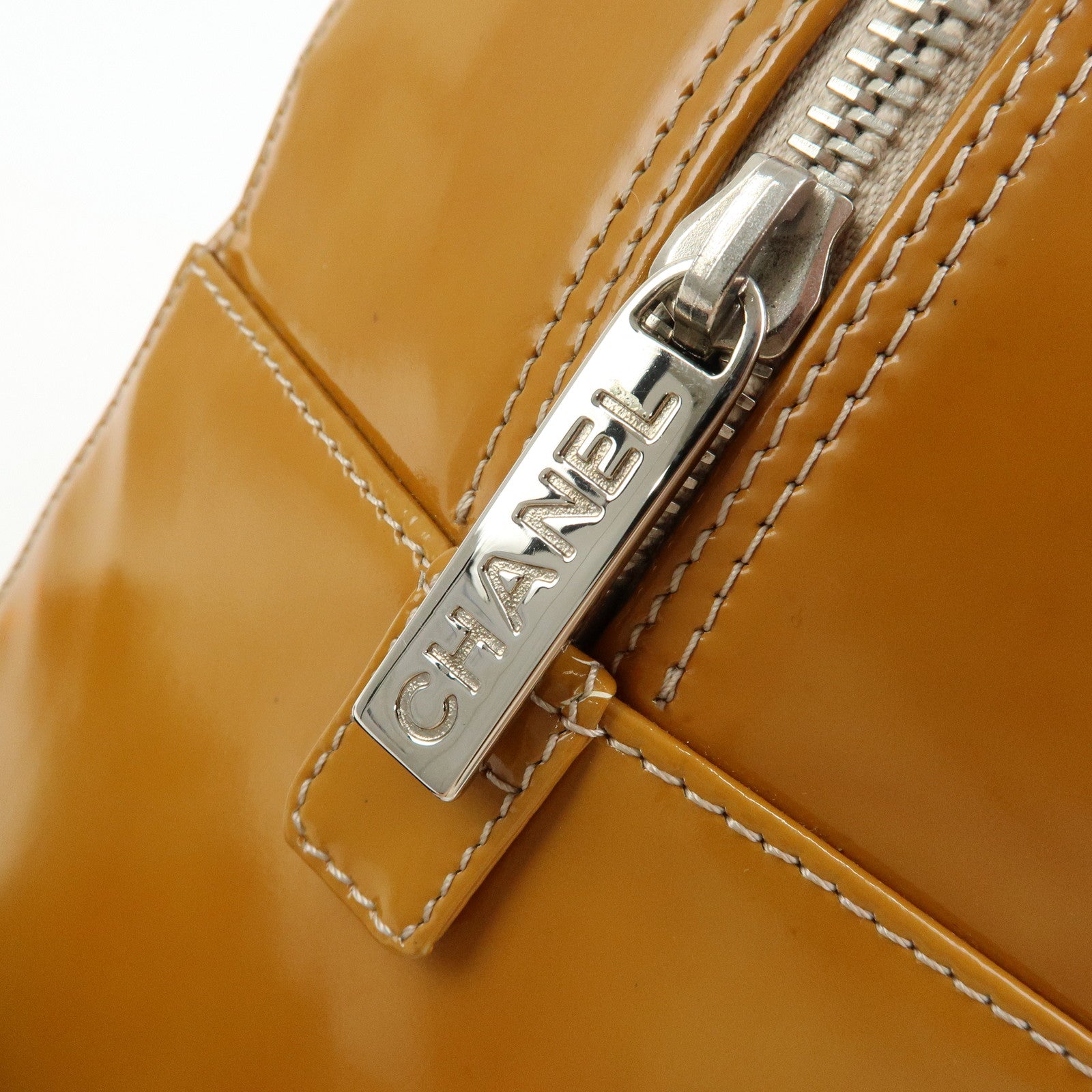 CHANEL Chocolate Bar COCO Mark Patent Leather Boston Bag Hand Bag Camel