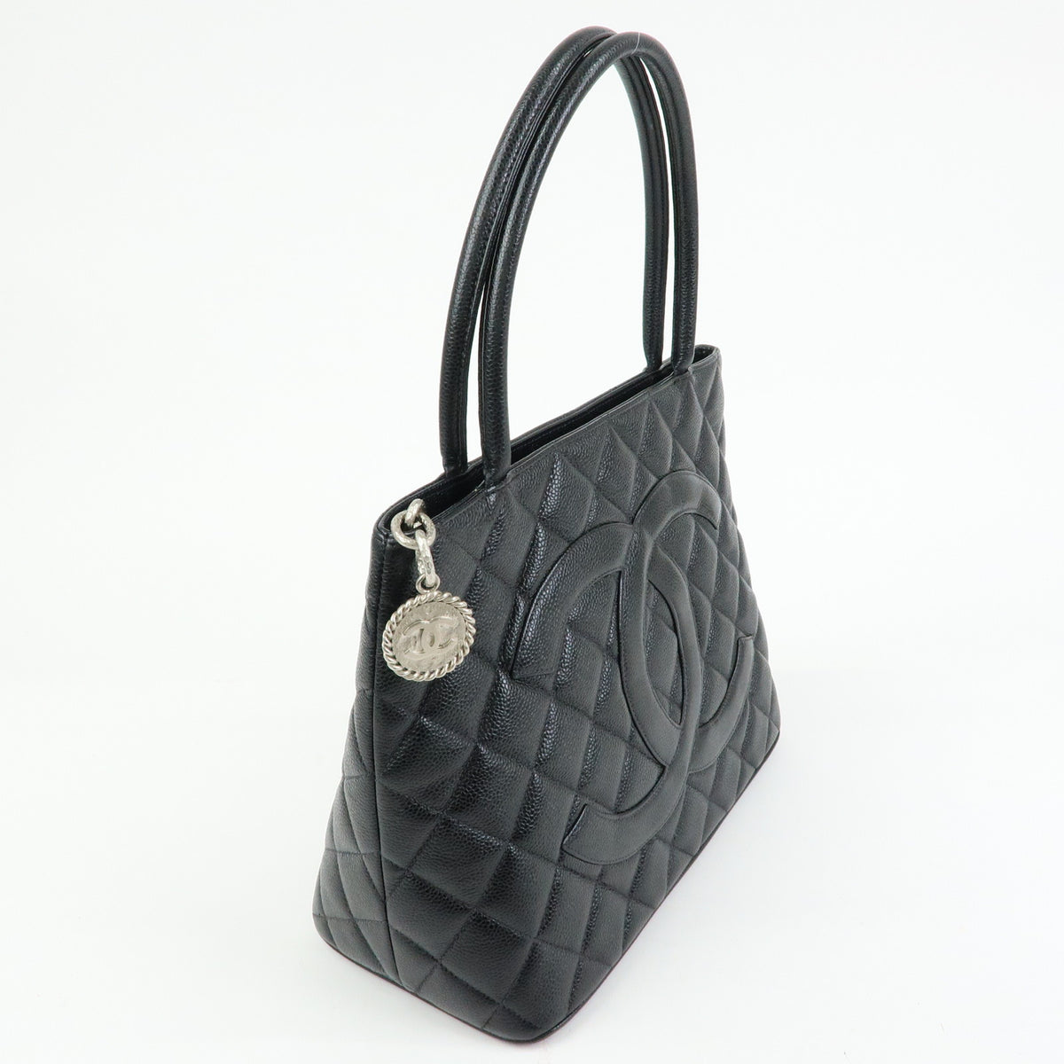 CHANEL Medallion Matelasse COCO Mark Caviarskin Tote Bag Black A01804