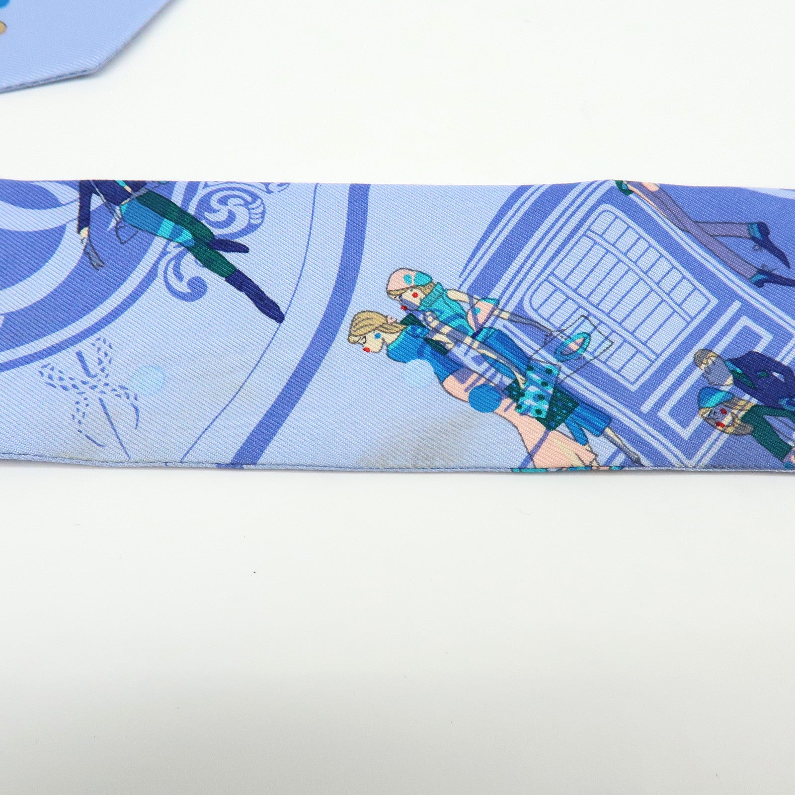 HERMES Twilly Silk 100%  Scarf Ex-Libris Les Parisiennes Light Blue