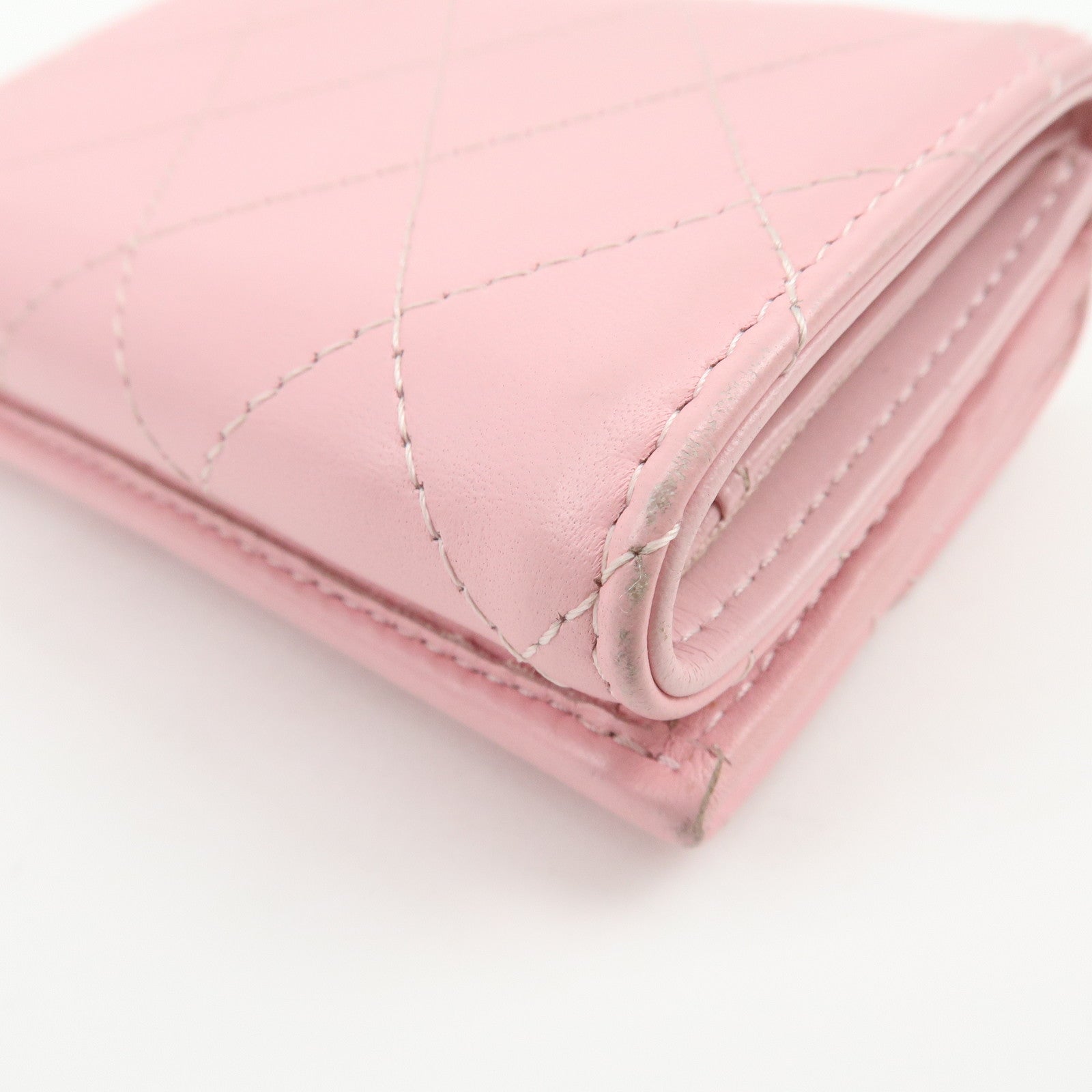 CHANEL COCO Mark Wild Stitch Calf Skin Tri-Fold Compact Wallet Pink