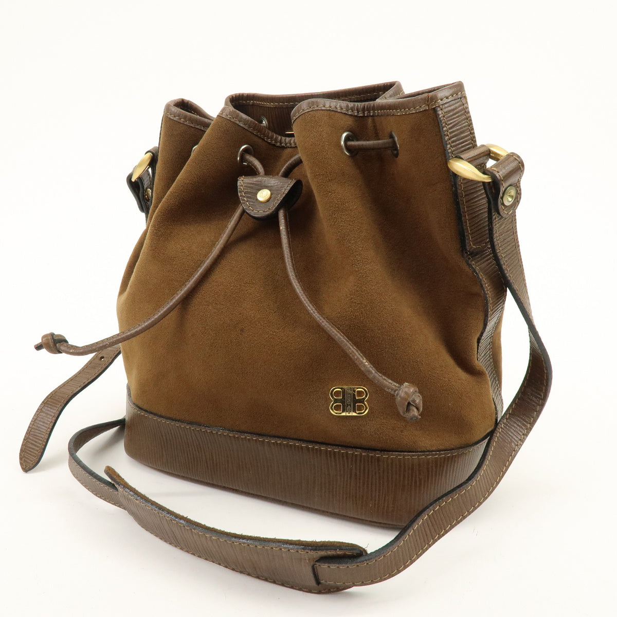 BALENCIAGA BB Logo Suede Leather Shoulder Bag Bucket Bag Brown