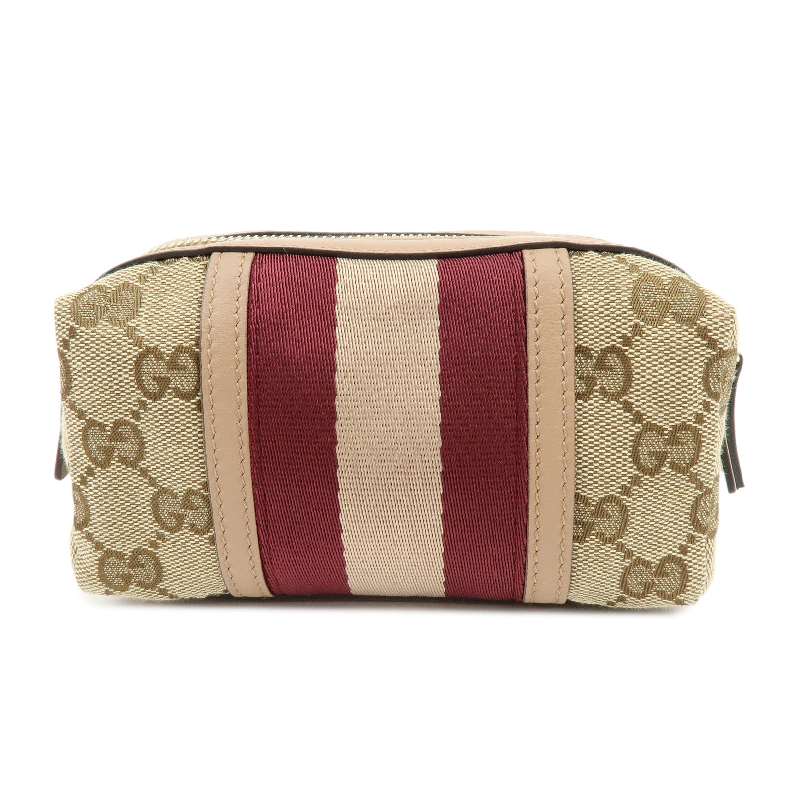 GUCCI Sherry GG Canvas Leather Cosmetic Pouch Beige Bordeaux 256639