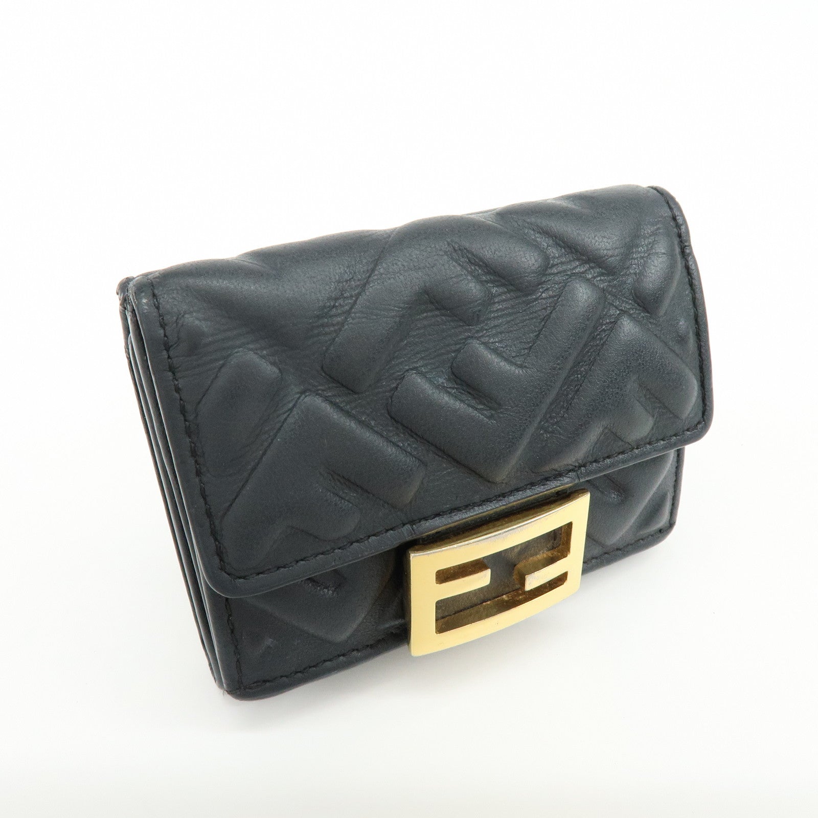FENDI Zucca Baguette Micro Wallet Leather Tri-fold Wallet Black 8M0395