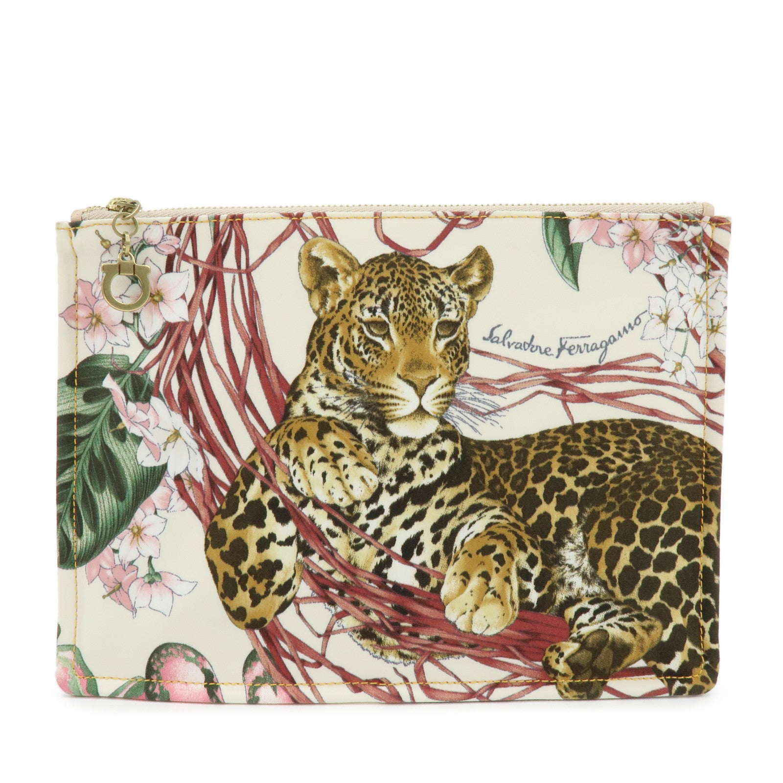 Ferragamo Gancini Nylon Leopard Flat Pouch Beige Pink