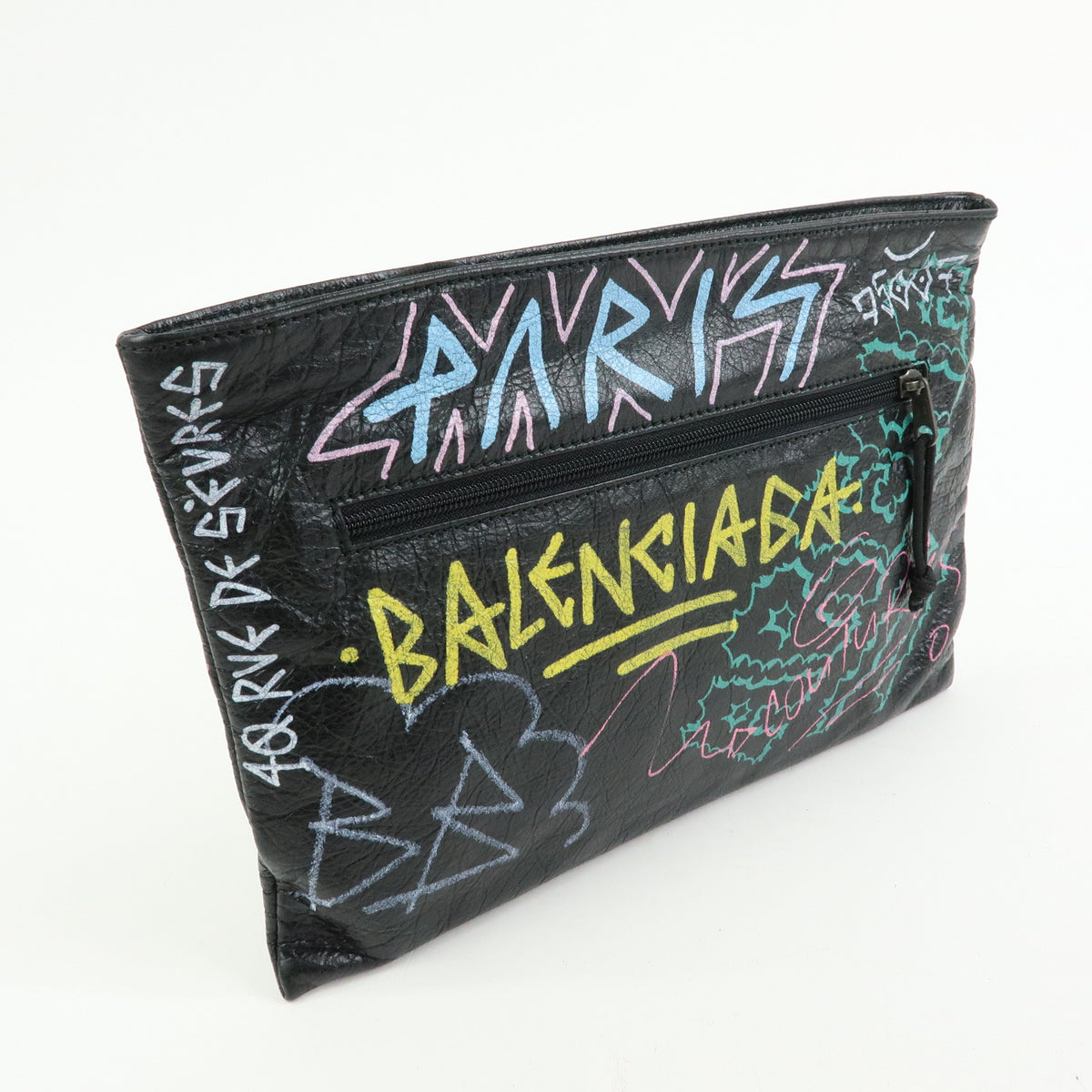 BALENCIAGA Graffiti Leather Clutch Bag Pouch Black Multicolor 459745