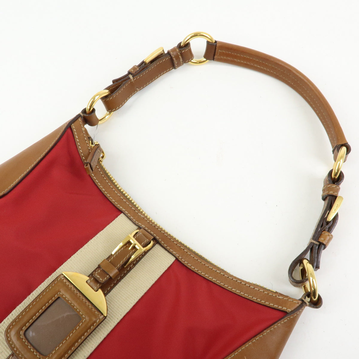 PRADA Triangle Logo Nylon Leather Shoulder Bag Red Beige Brown