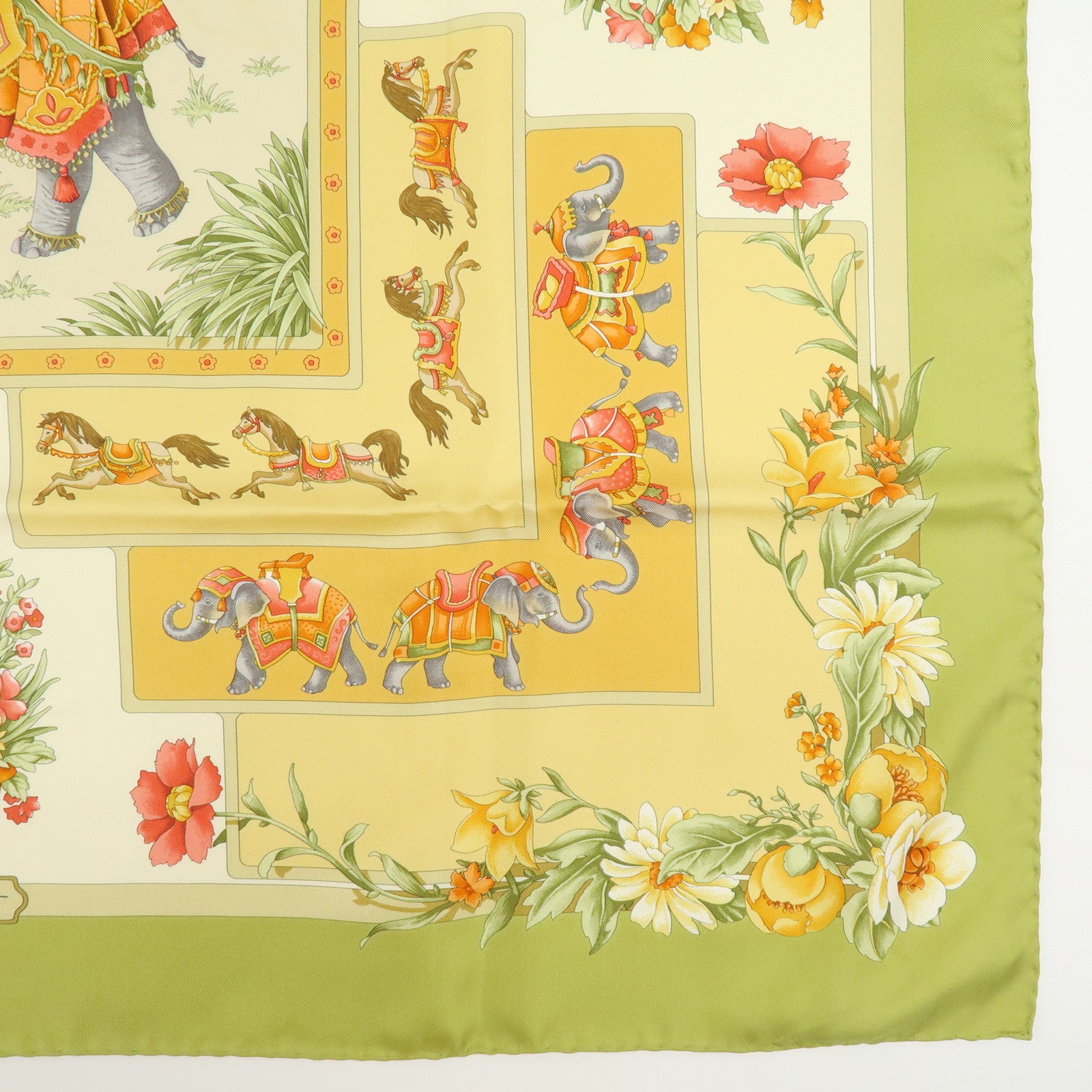 Ferragamo Set of 2 Silk 100% Scarf Tiger Elephant Print Light Green