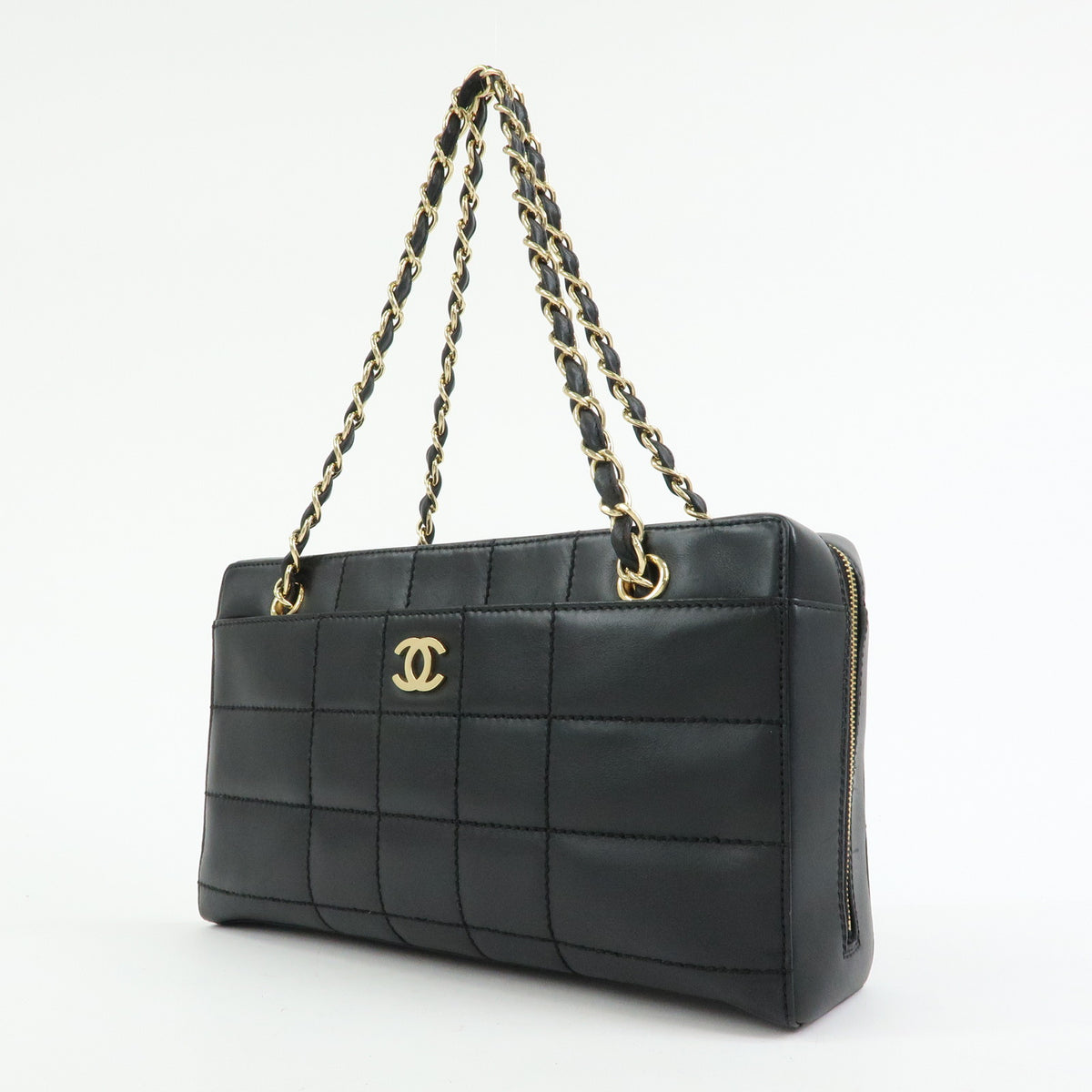 CHANEL Chocolate Bar Calf Skin Chain Shoulder Bag Hand Bag Black