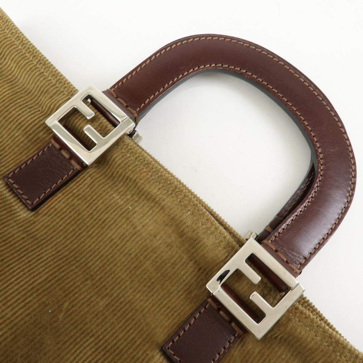 FENDI Corduroy Leather Hand Bag Mini Tote Bag Khaki 26693