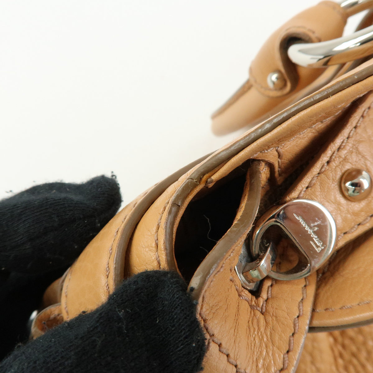 Ferragamo Gancini Marisa Leather Hand Bag Shoulder Bag Beige