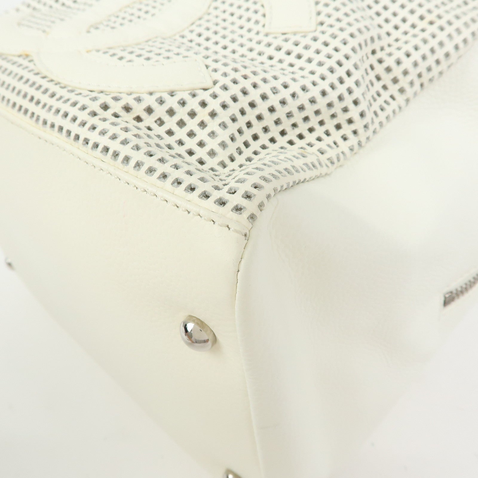 CHANEL COCO Mark Calf Leather Hand Bag Perforated Design Ivory