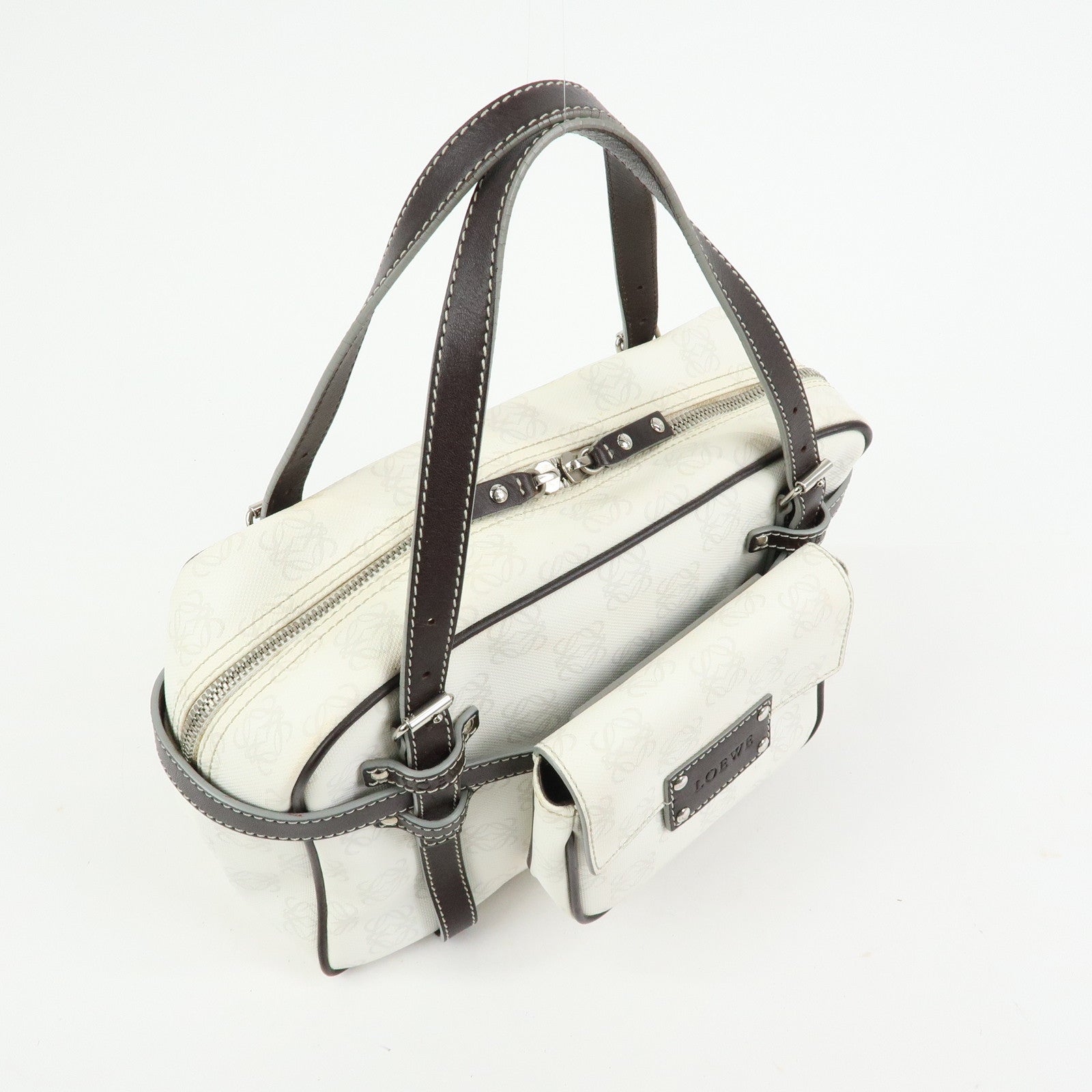 LOEWE Anagram PVC Leather Hand Bag Boston Bag White Dark Brown