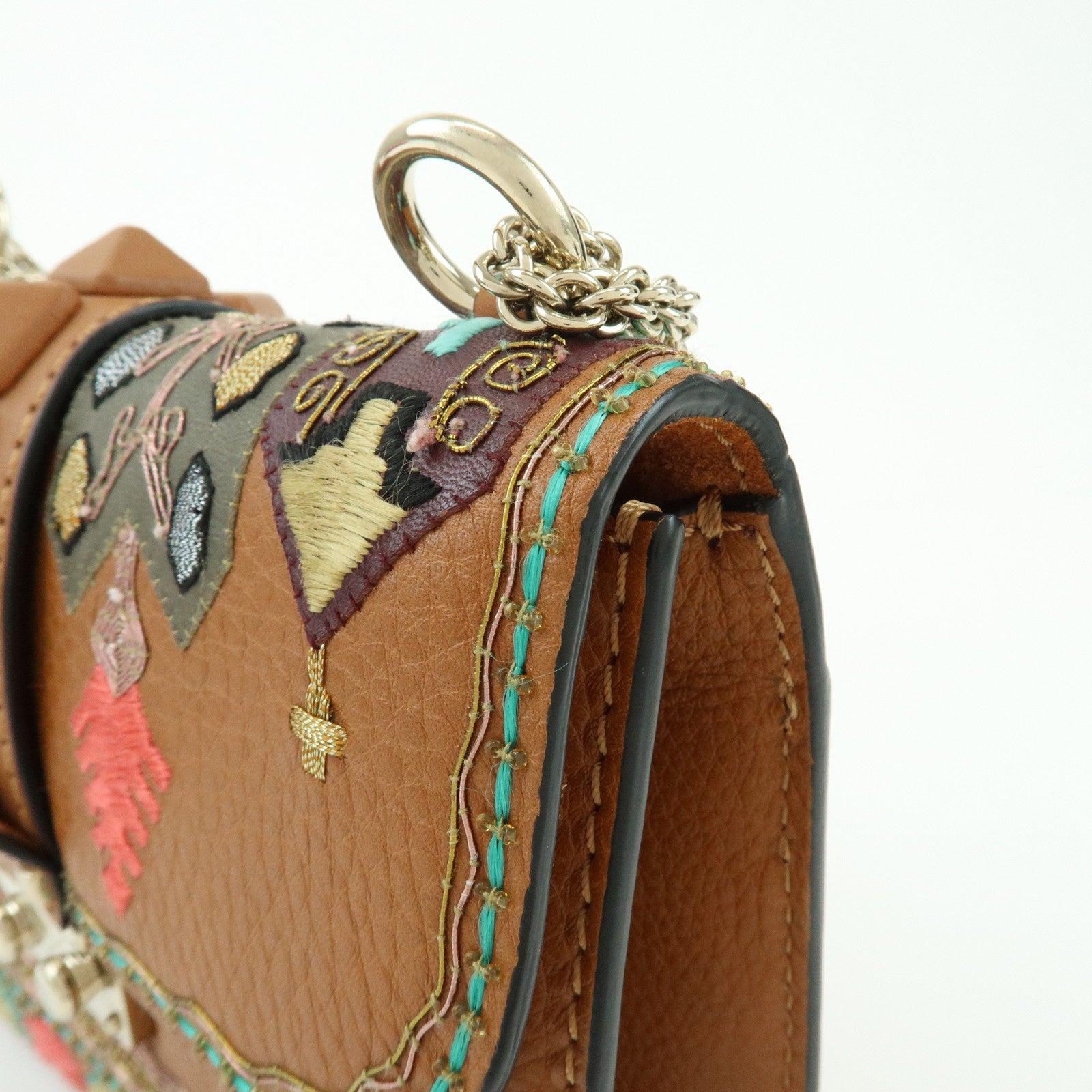 VALENTINO Glam Lock Embroidery Leather Chain Shoulder Bag Brown