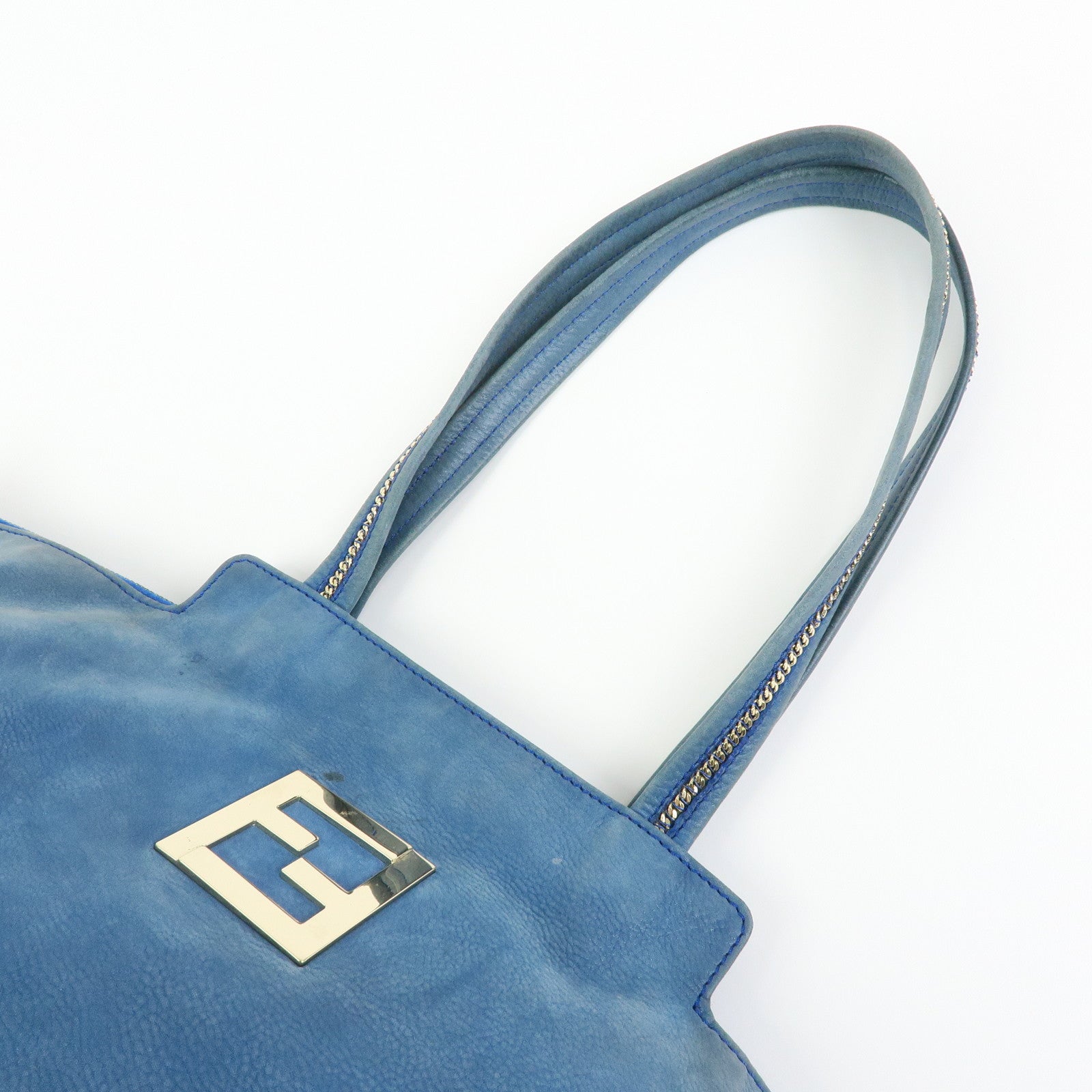 FENDI Lampo Leather Tote Bag Shoulder Bag Blue 8BR636