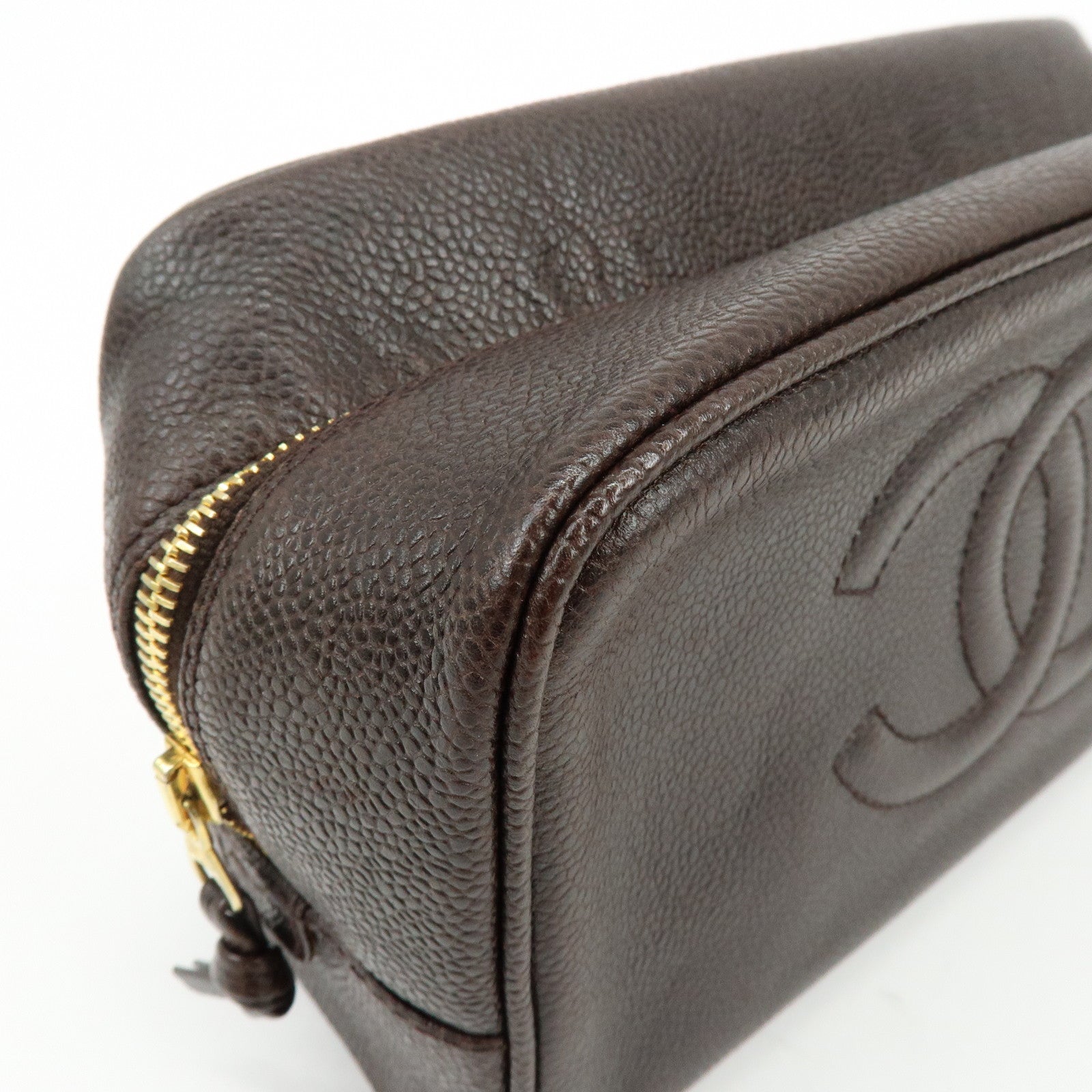 CHANEL COCO Mark Caviarskin Pouch Cosmetic Pouch Dark Brown A01996