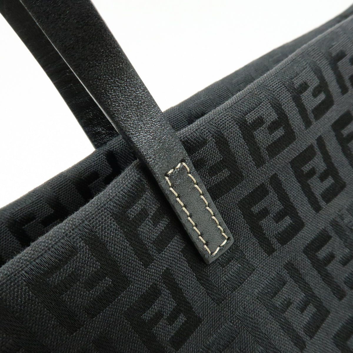 FENDI Zucchino Jacquard Canvas Leather Tote Shoulder Bag Black 8BH025
