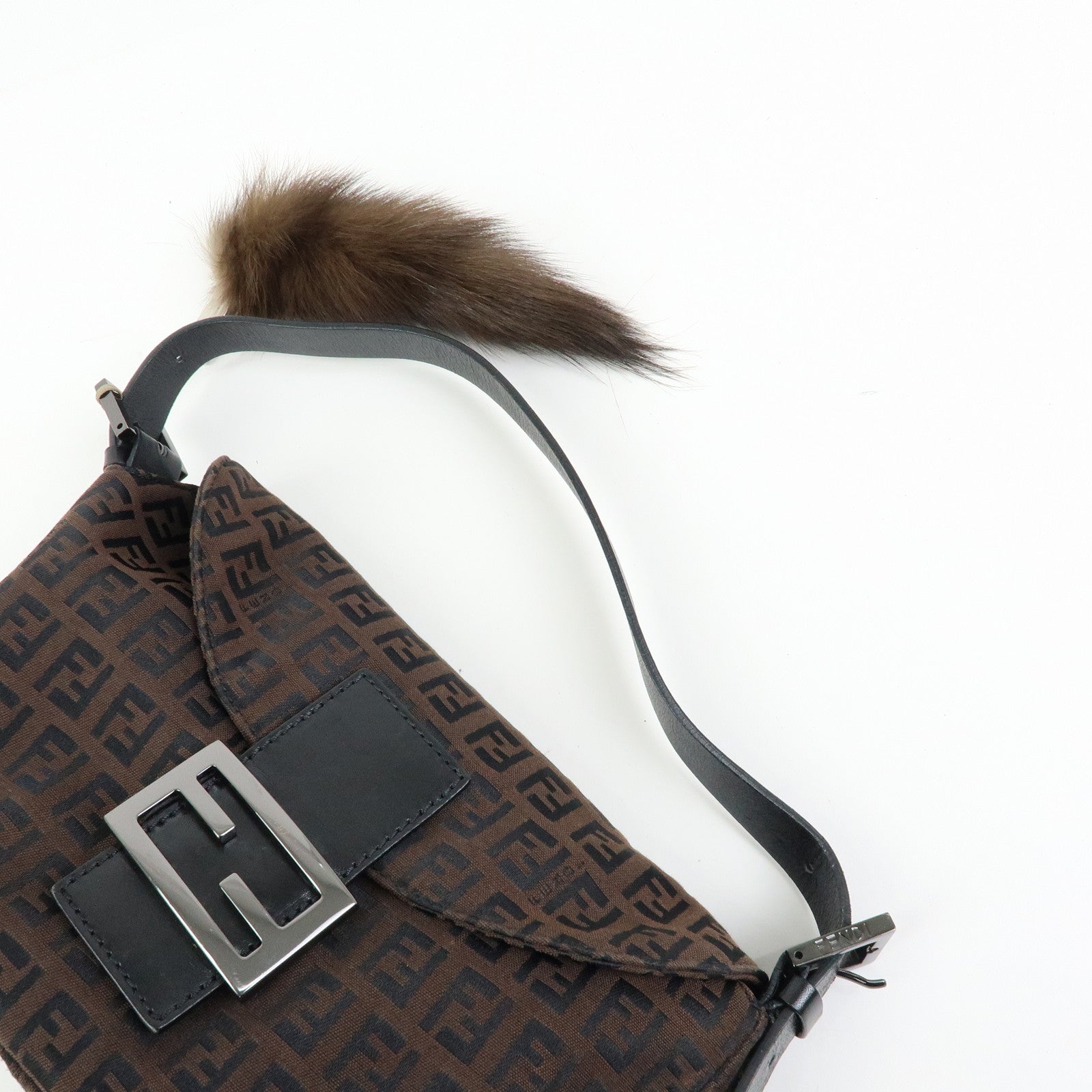 FENDI Zucchino Canvas Leather Shoulder Bag Hand Bag Brown Black 8BN003
