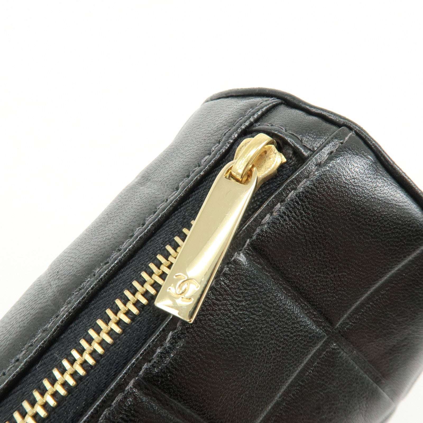 CHANEL COCO Mark Chocolate Bar Lamb Skin Cosmetic Pouch Black Gold