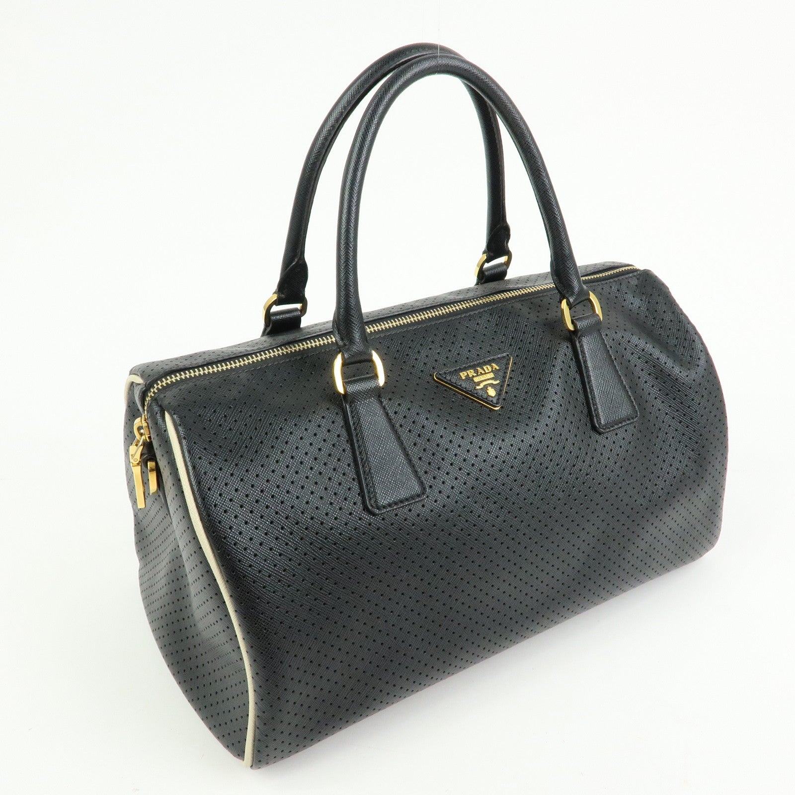 PRADA Triangle Logo Perforated Saffiano Leather 2Way Boston Bag Black