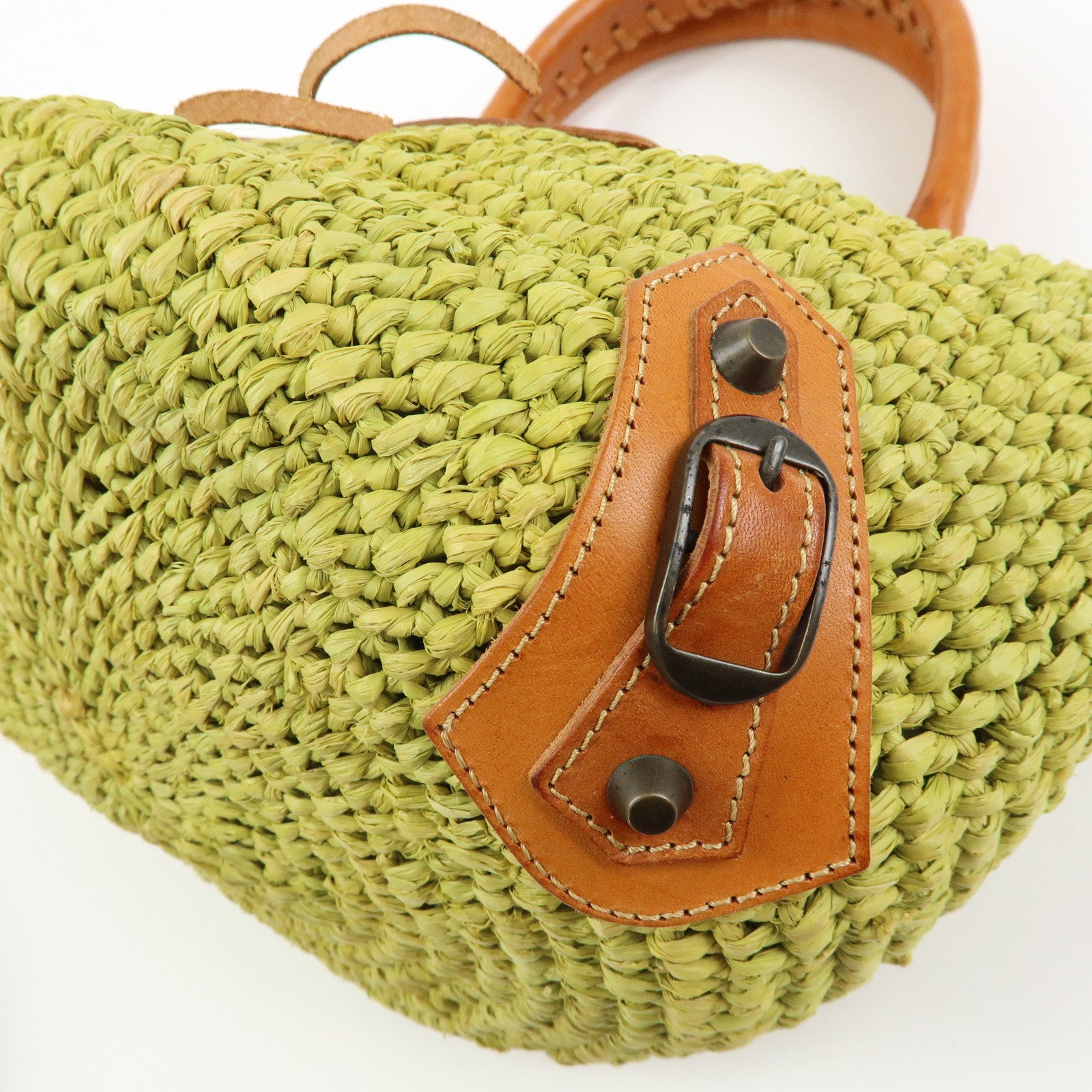 Balenciaga Panier Raffia Leather Basket Tote Bag Green Brown 236741