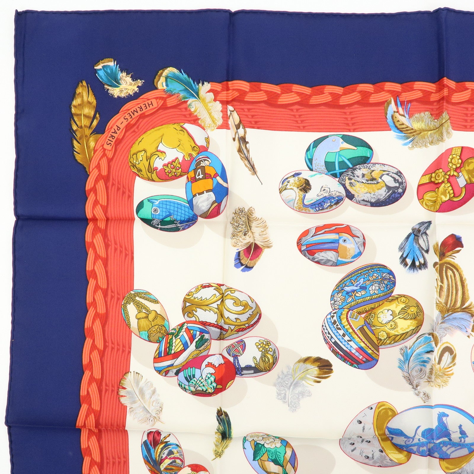 HERMES Carre 90 Silk 100% Scarf COUVEE D HERMES Blue Red White