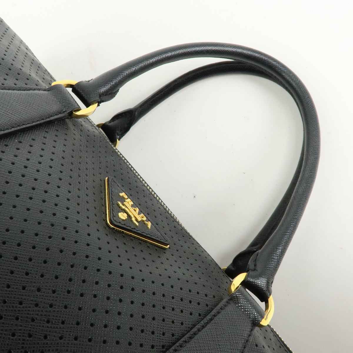 PRADA Triangle Logo Perforated Saffiano Leather 2Way Boston Bag Black