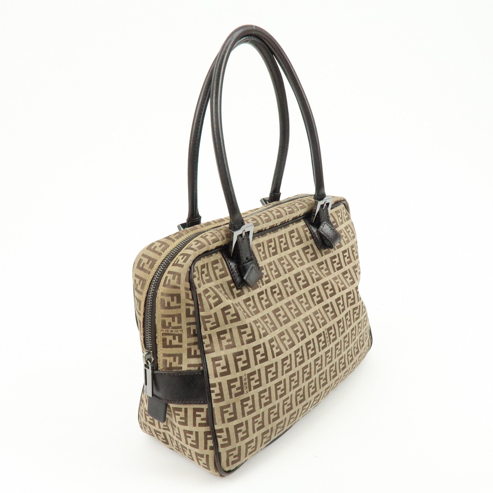 FENDI Zucchino Canvas Leather Boston Bag Shoulder Bag Beige 8BN005