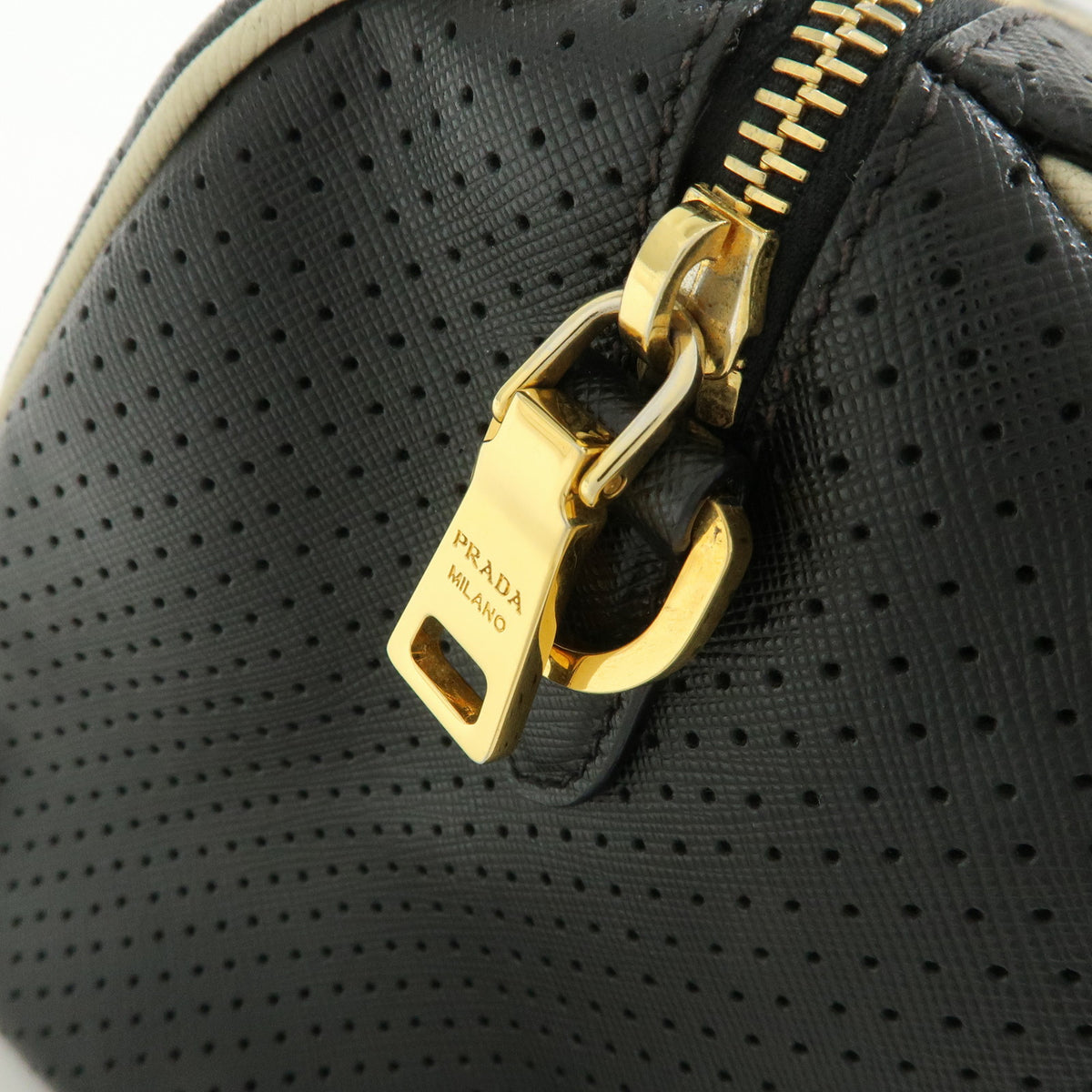 PRADA Triangle Logo Perforated Saffiano Leather 2Way Boston Bag Black