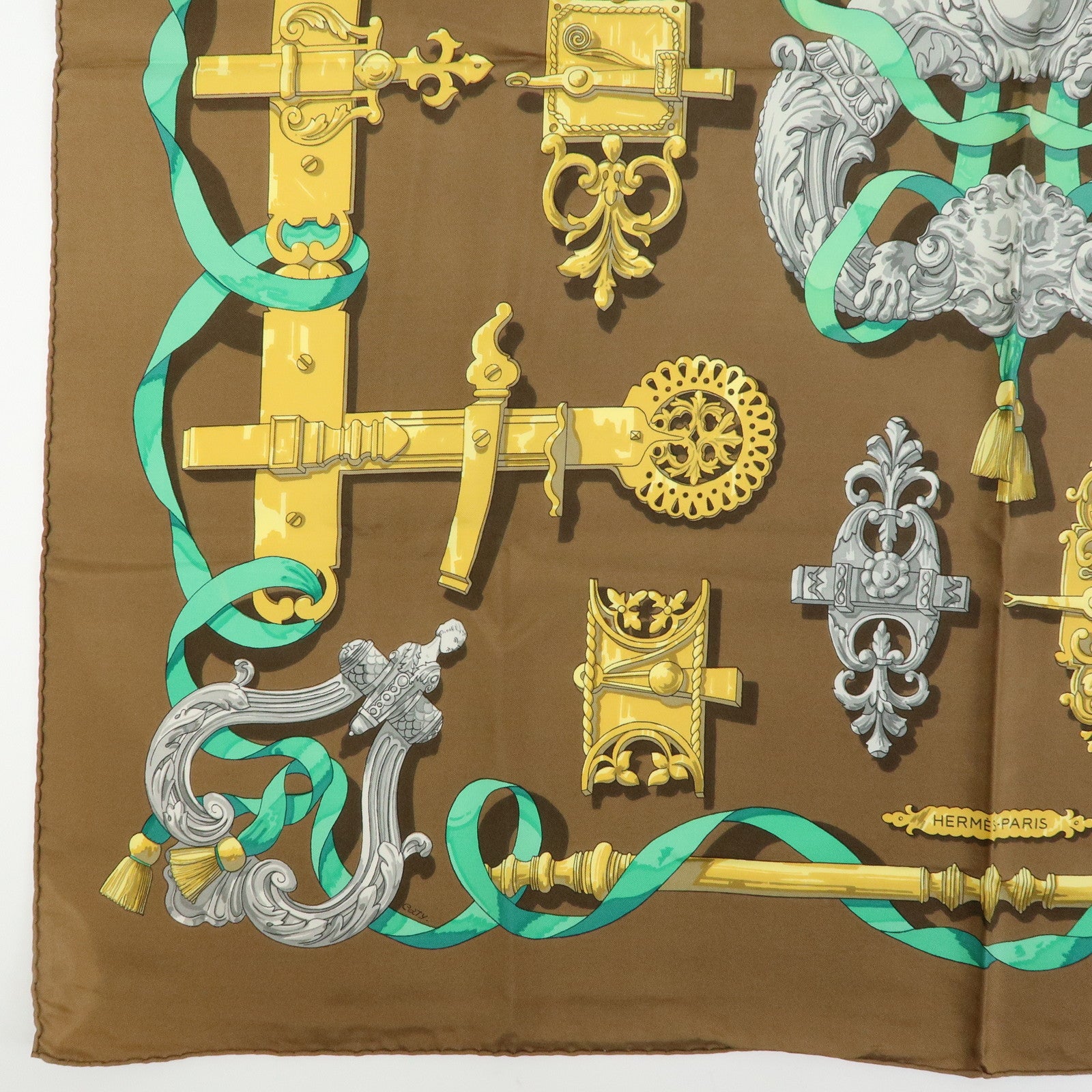 HERMES Carre 90 Silk 100% Scarf Ferronnerie Brown Gold