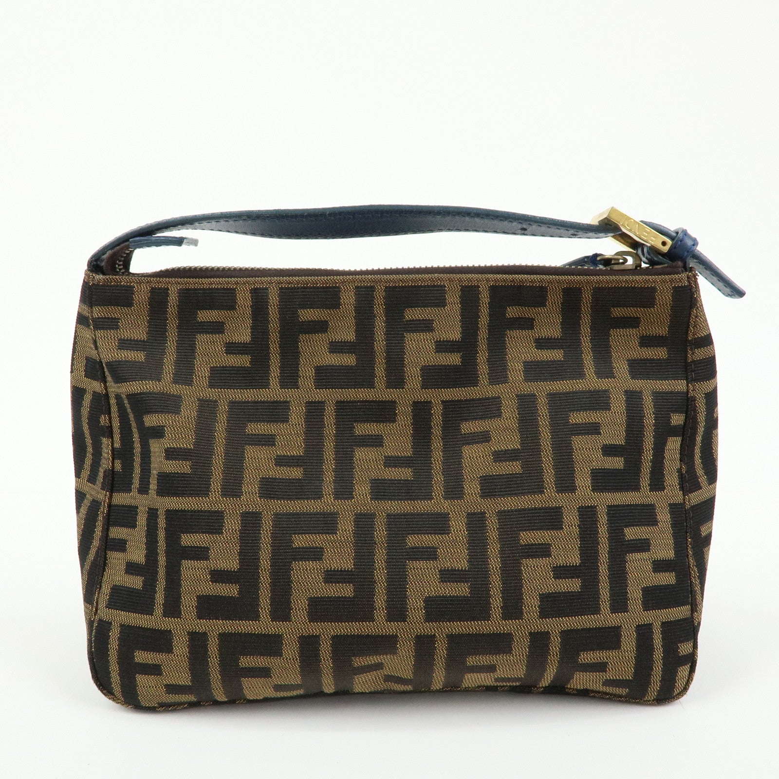 FENDI Zucca Canvas Leather Hand Bag Accessory Pouch Brown Blue 8N0005