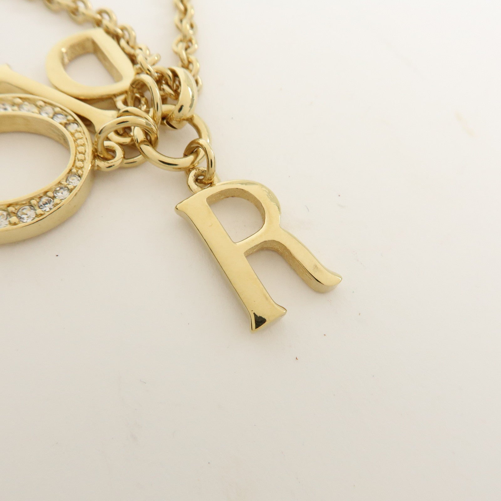 Christian Dior Logo Metal Rhinestone Pendant Necklace Gold