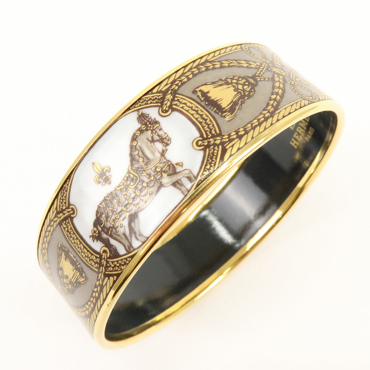 HERMES Email GM Gold Plated Bangle Bracelet Gold Grey White
