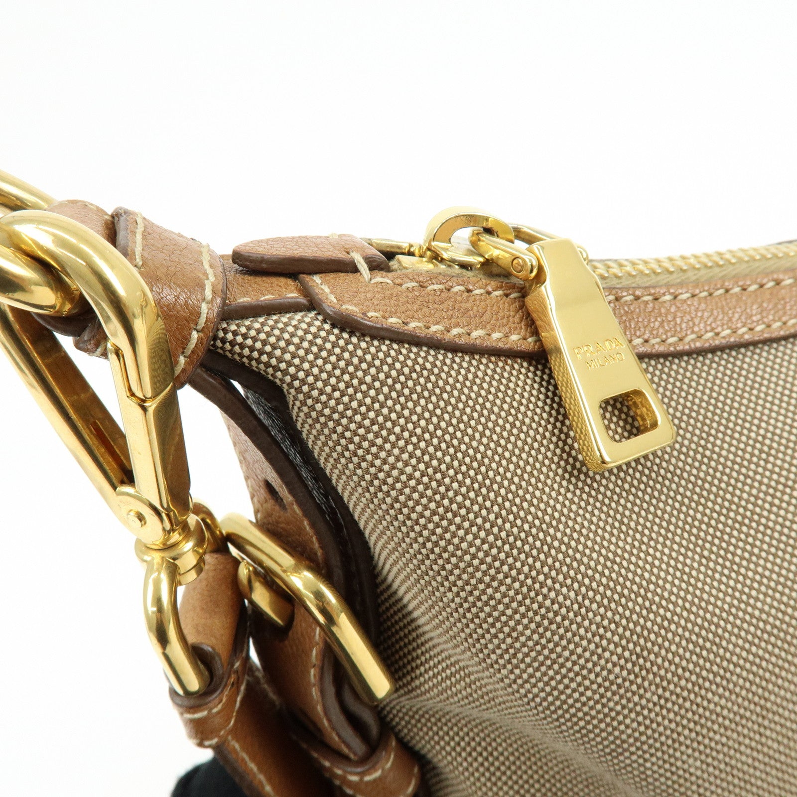 PRADA Logo Jacquard Canvas Leather Shoulder Bag Crossbody Bag Brown