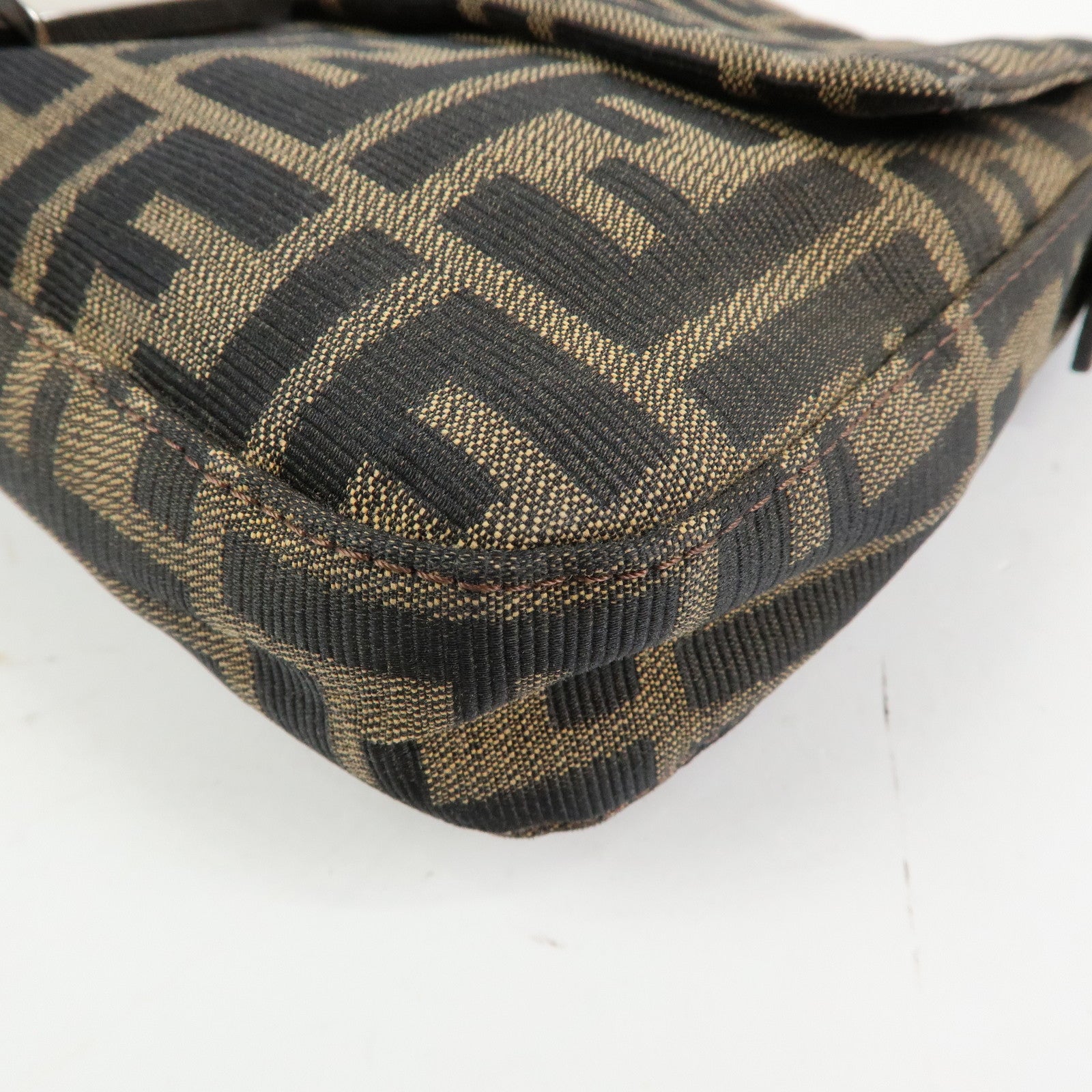 FENDI Mamma Baguette Zucca Canvas Leather Shoulder Bag Brown 26424