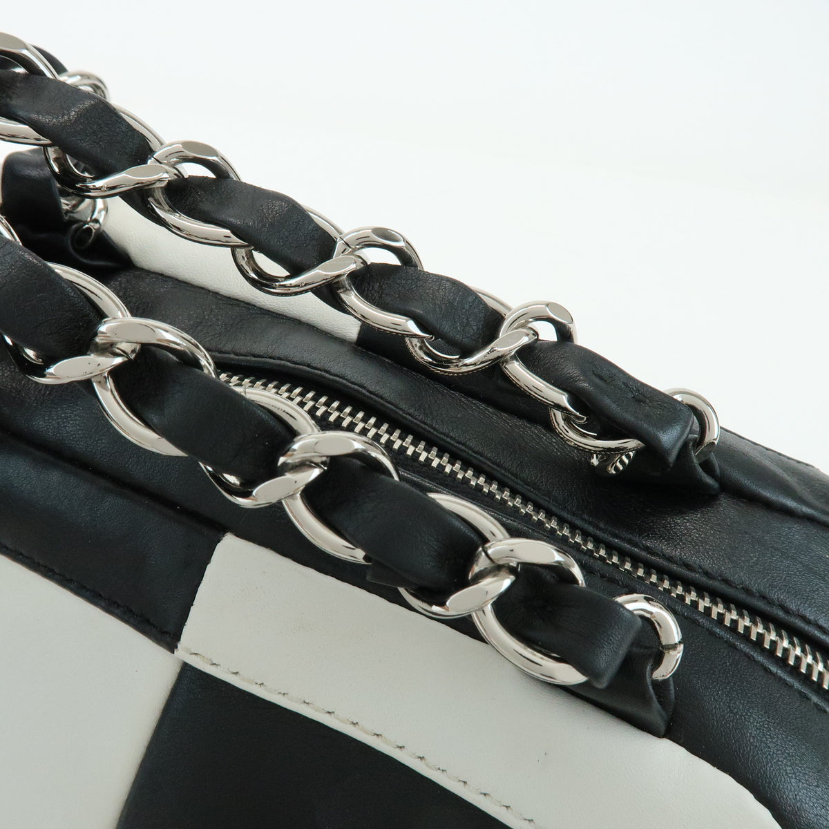 CHANEL COCO Mark Bicolor Lamb Skin Bowling Bag Hand Bag Black White