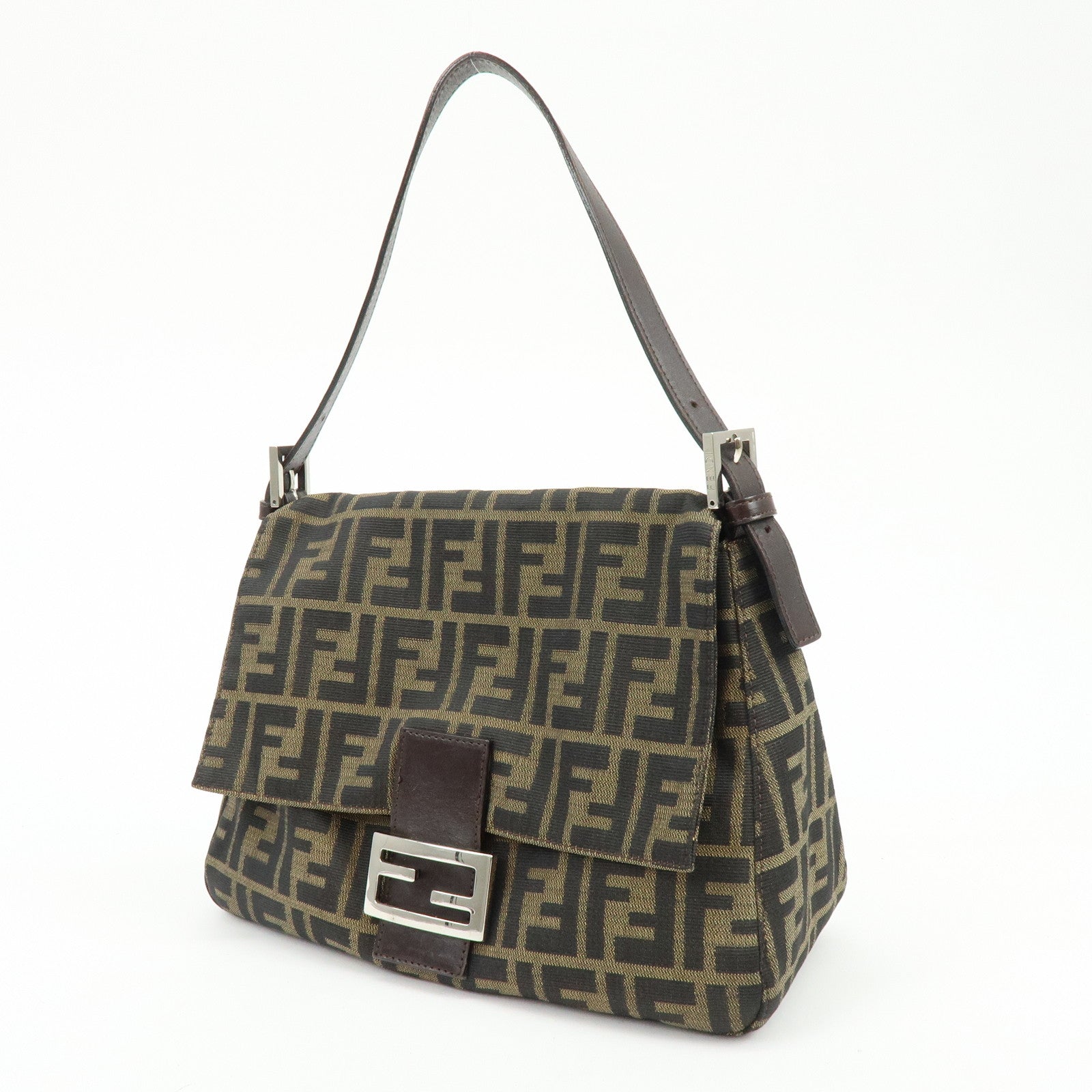 FENDI Mamma Baguette Jacquard Canvas Leather Shoulder Bag Brown 26325