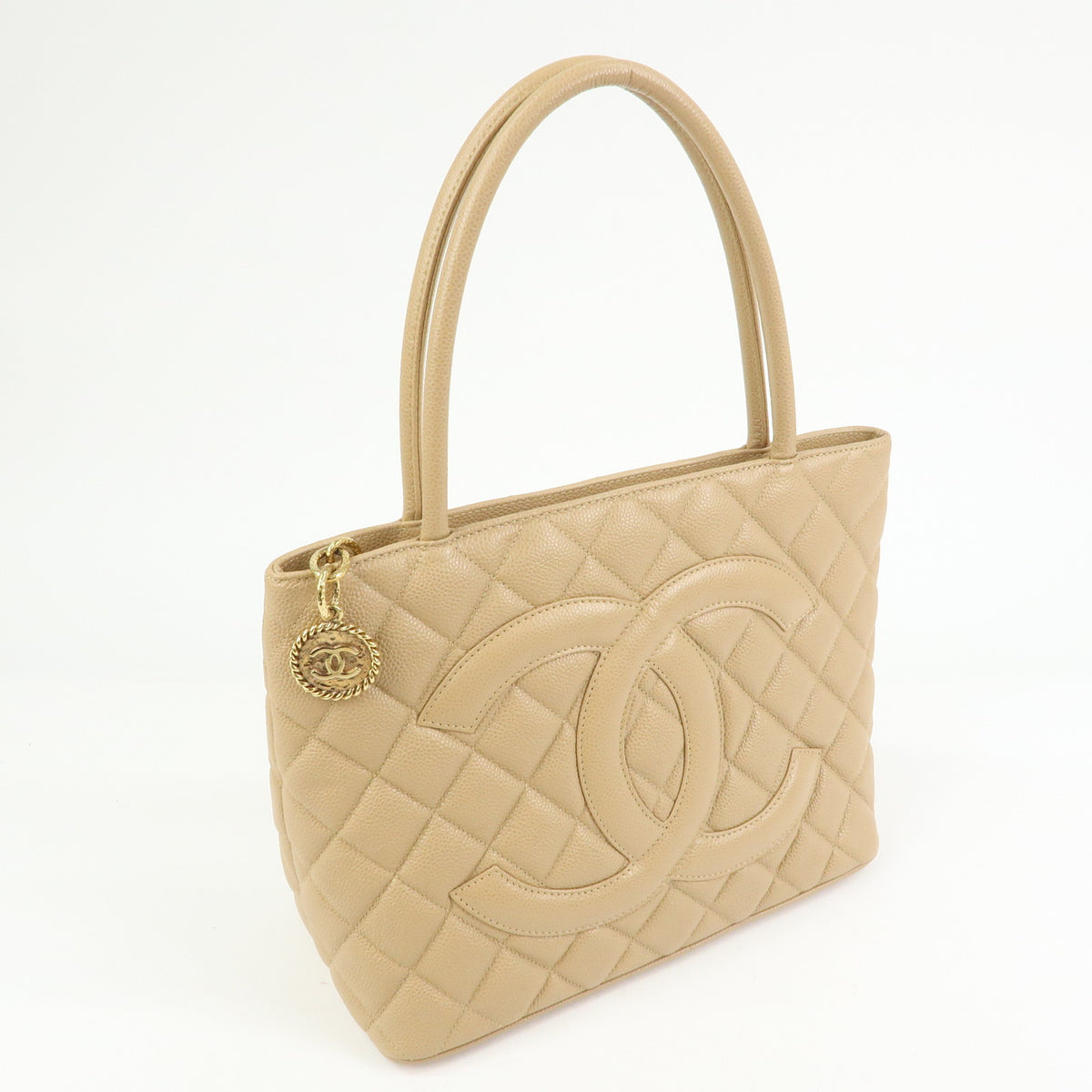 CHANEL Matelasse COCO Mark Caviarskin Medallion Tote Bag Beige A01804