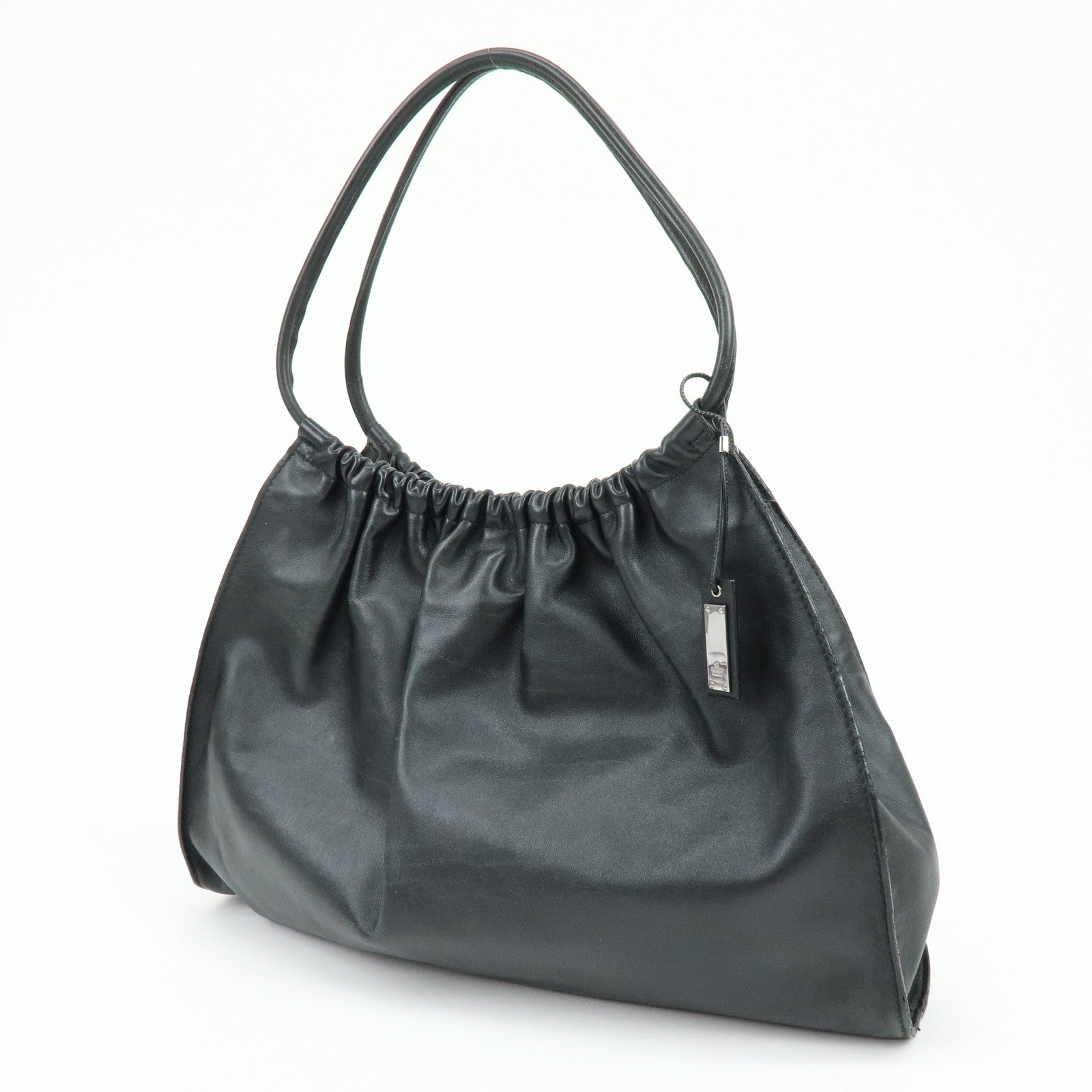 GUCCI Leather Ruched Bag Shoulder Bag Hand Bag Black 76553