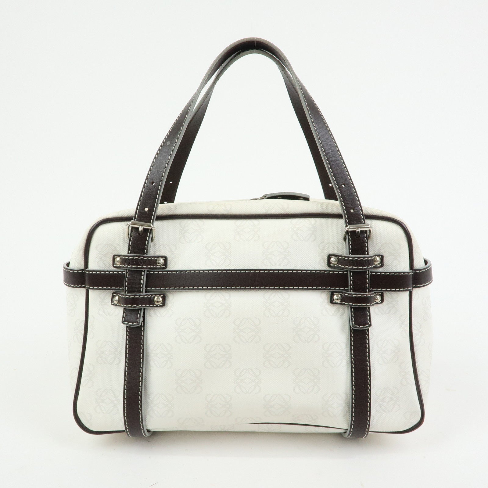 LOEWE Anagram PVC Leather Hand Bag Boston Bag White Dark Brown