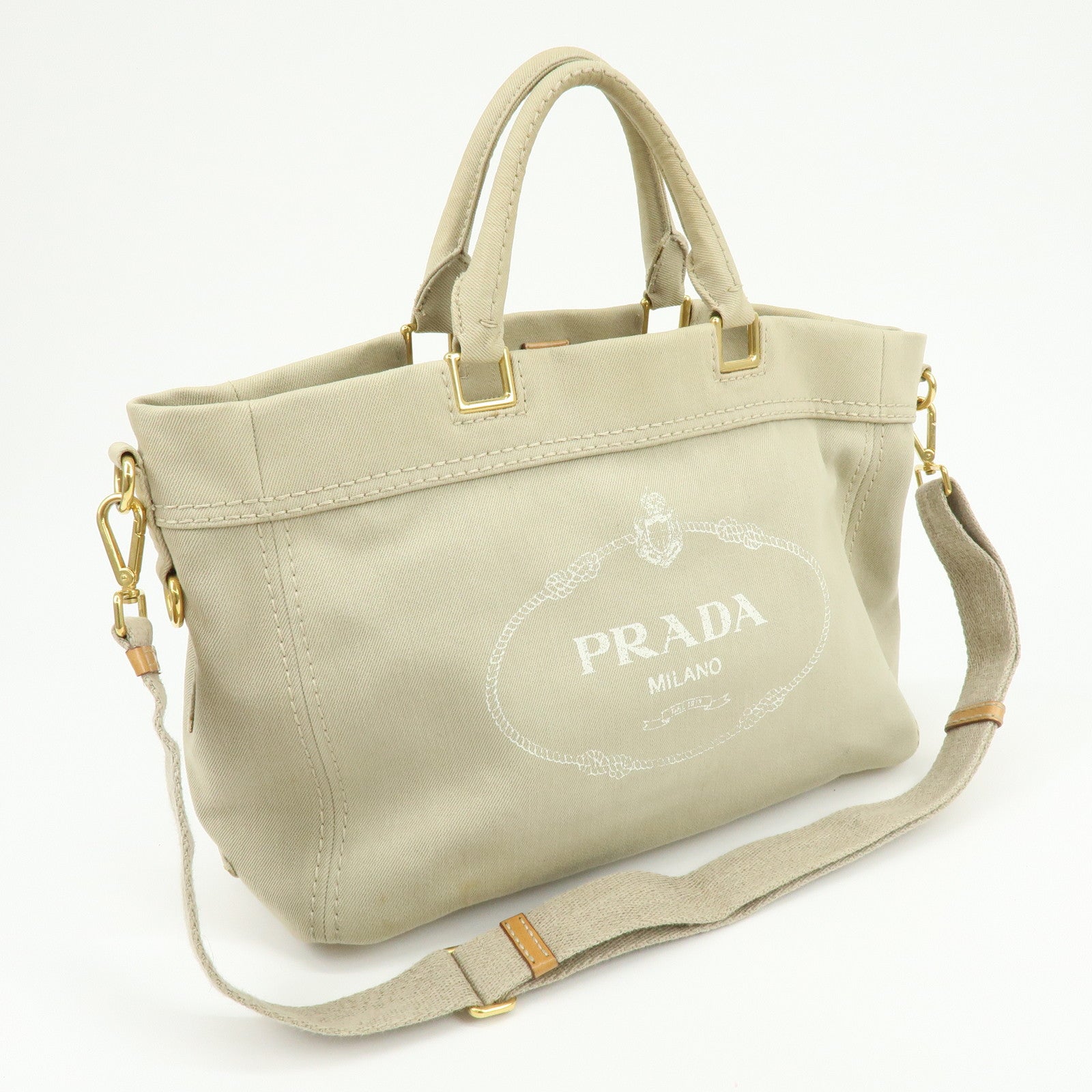 PRADA Triangle Logo Canvas 2Way Bag Tote Shoulder Bag Beige BN2069