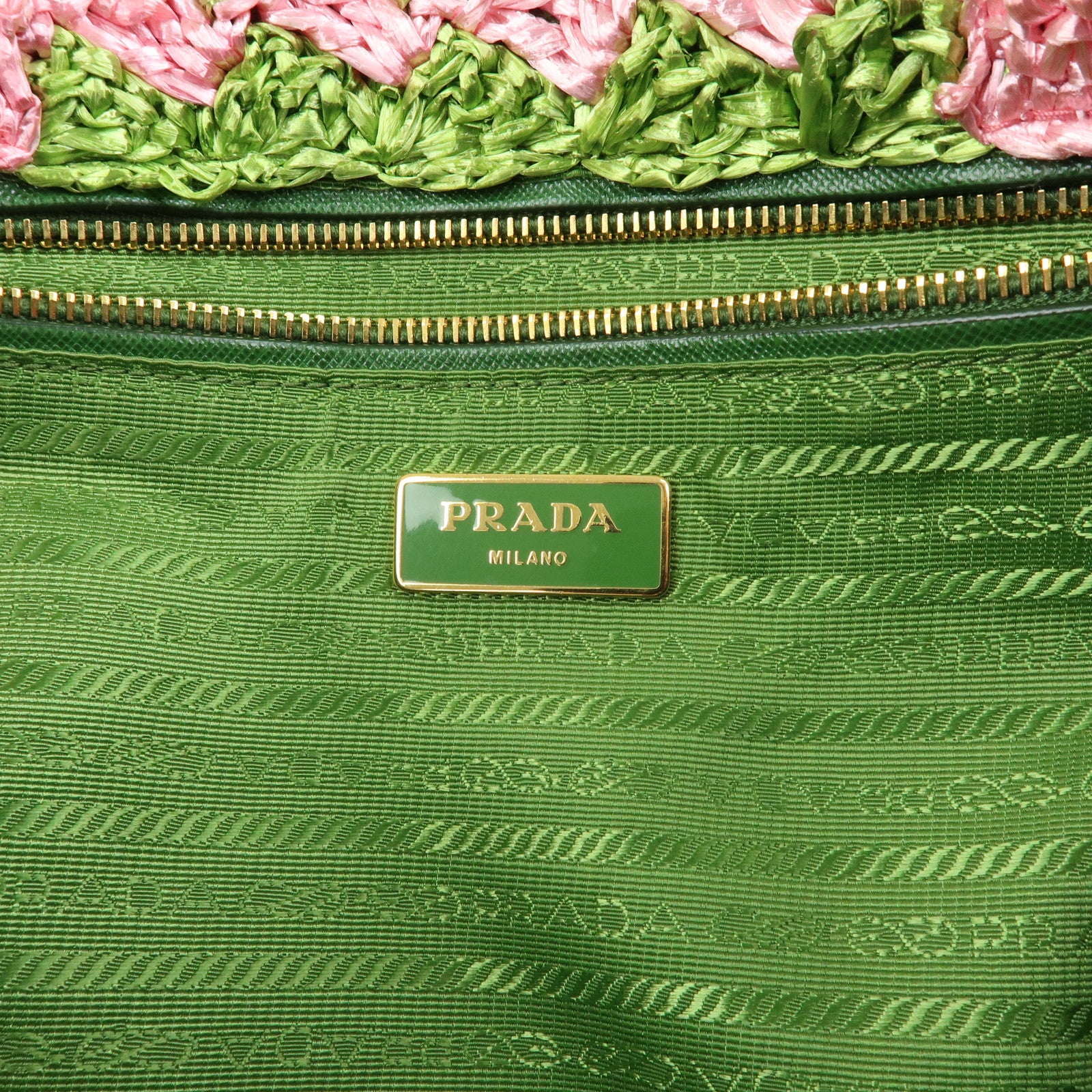 PRADA Triangle Logo Canapa Raffia Tote Bag Hand Bag Pink Green