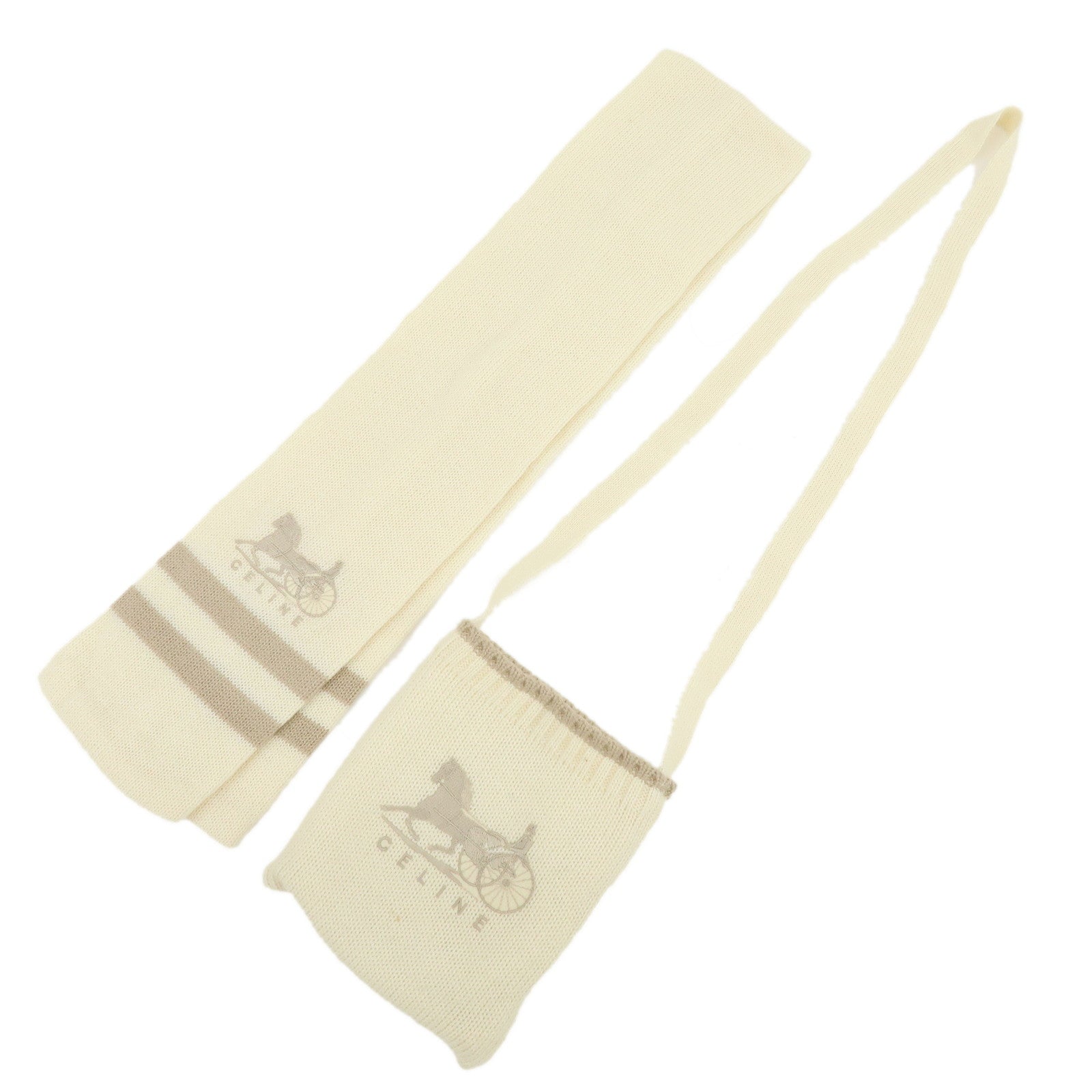 CELINE Logo Wool Acrylic Scarf with Scarf Case White Mocha