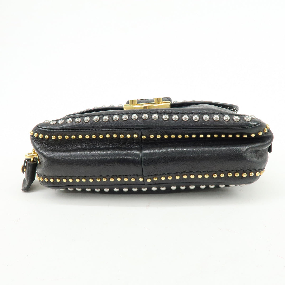 PRADA Leather Chain Shoulder Bag Studded Black Gold Silver BR4588