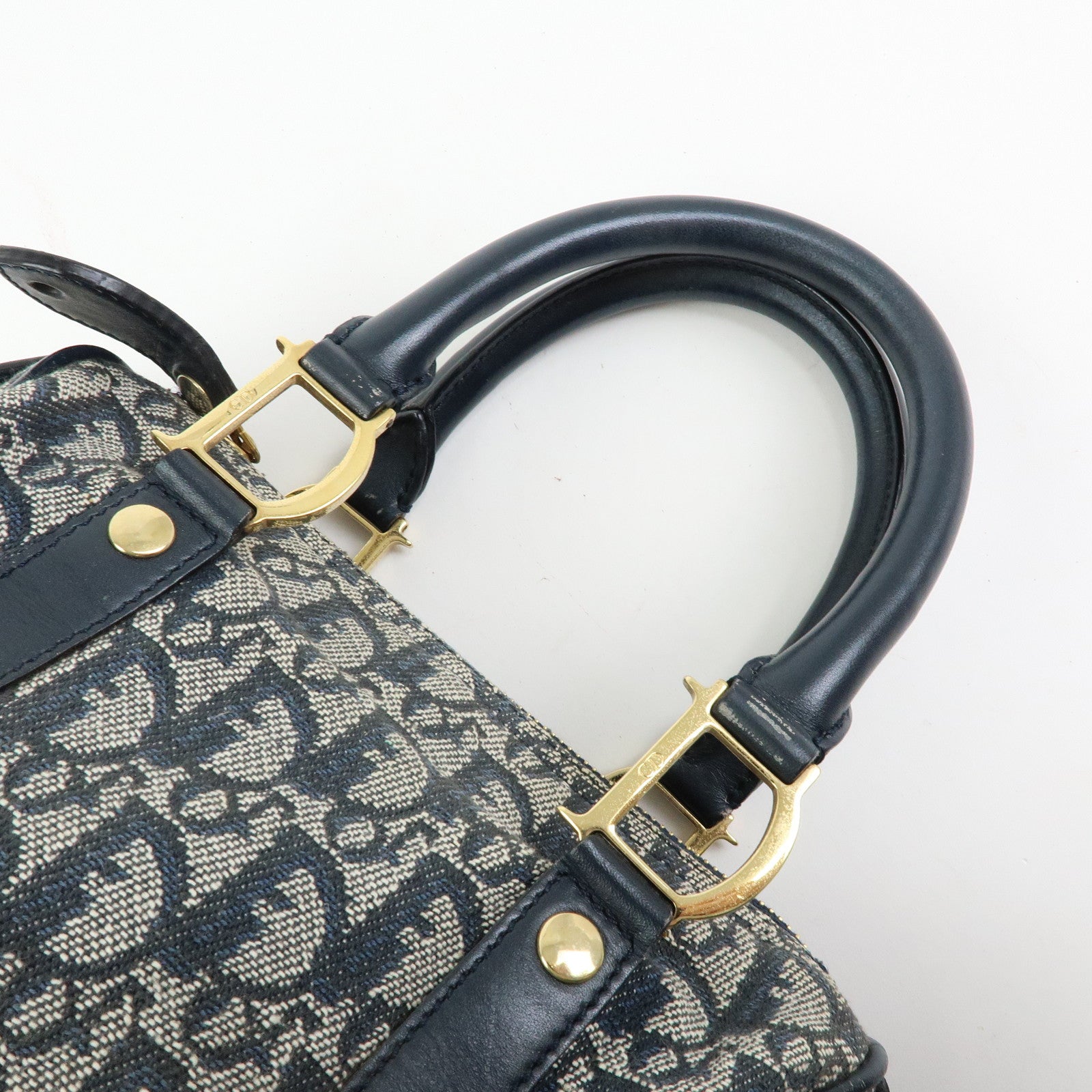 Christian Dior Trottern Jacquard Leather Mini Boston Bag Hand Bag Navy